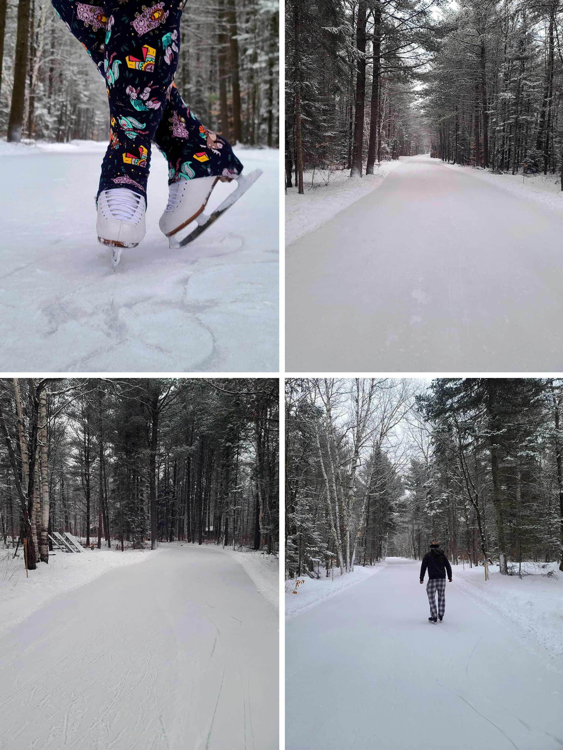 4 part image of the Arrowhead Provincial Park ice trail and the authors skating on it.