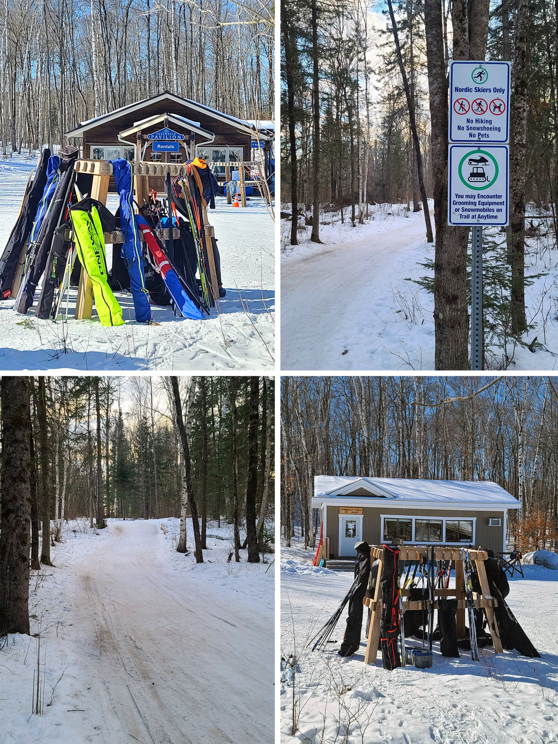 4 part image showing various views of cross country skiing at Arrowhead.