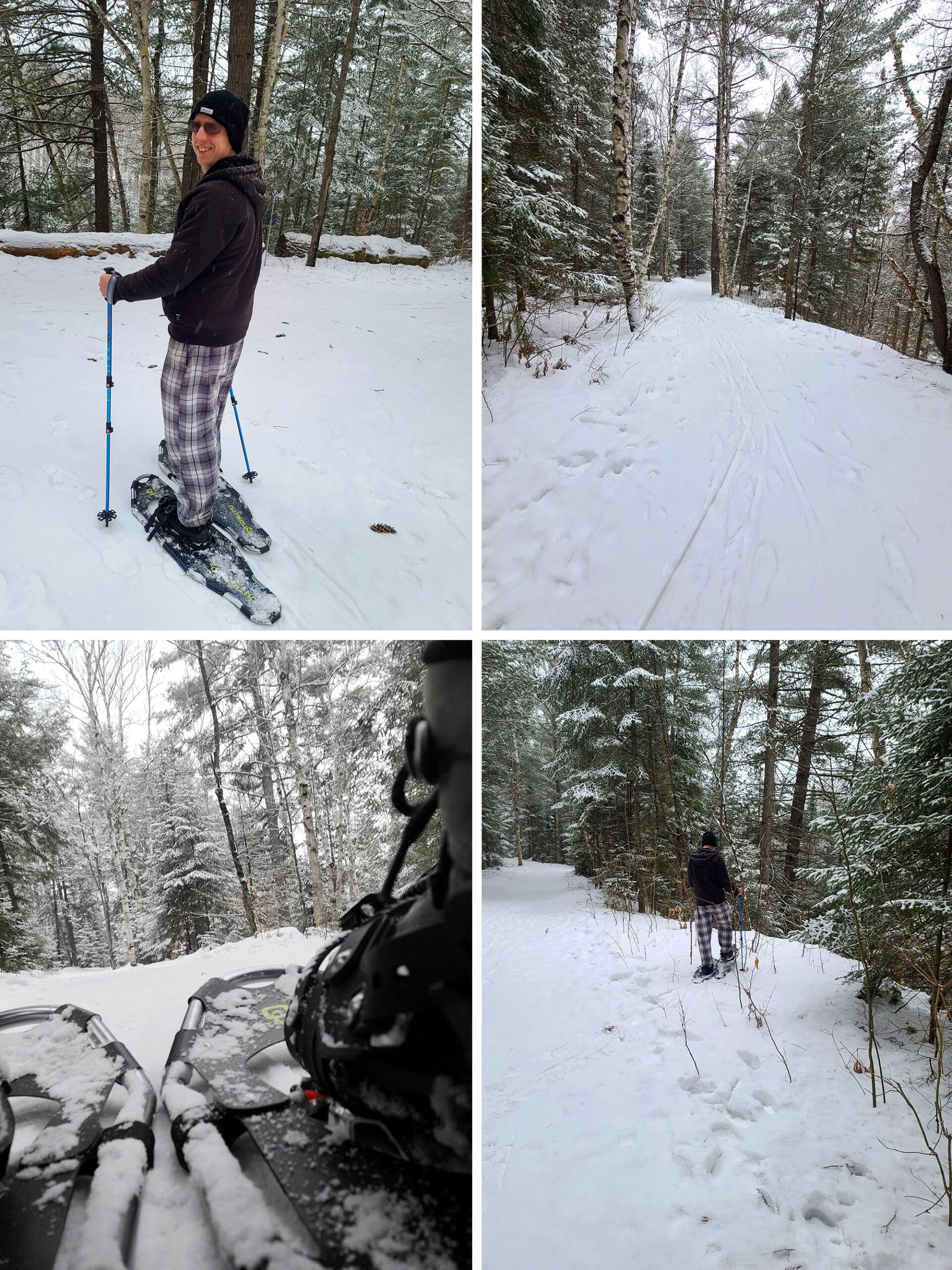 4 part image showing different views of Arrowhead’s snowshoe trail and the authors snowshoeing.