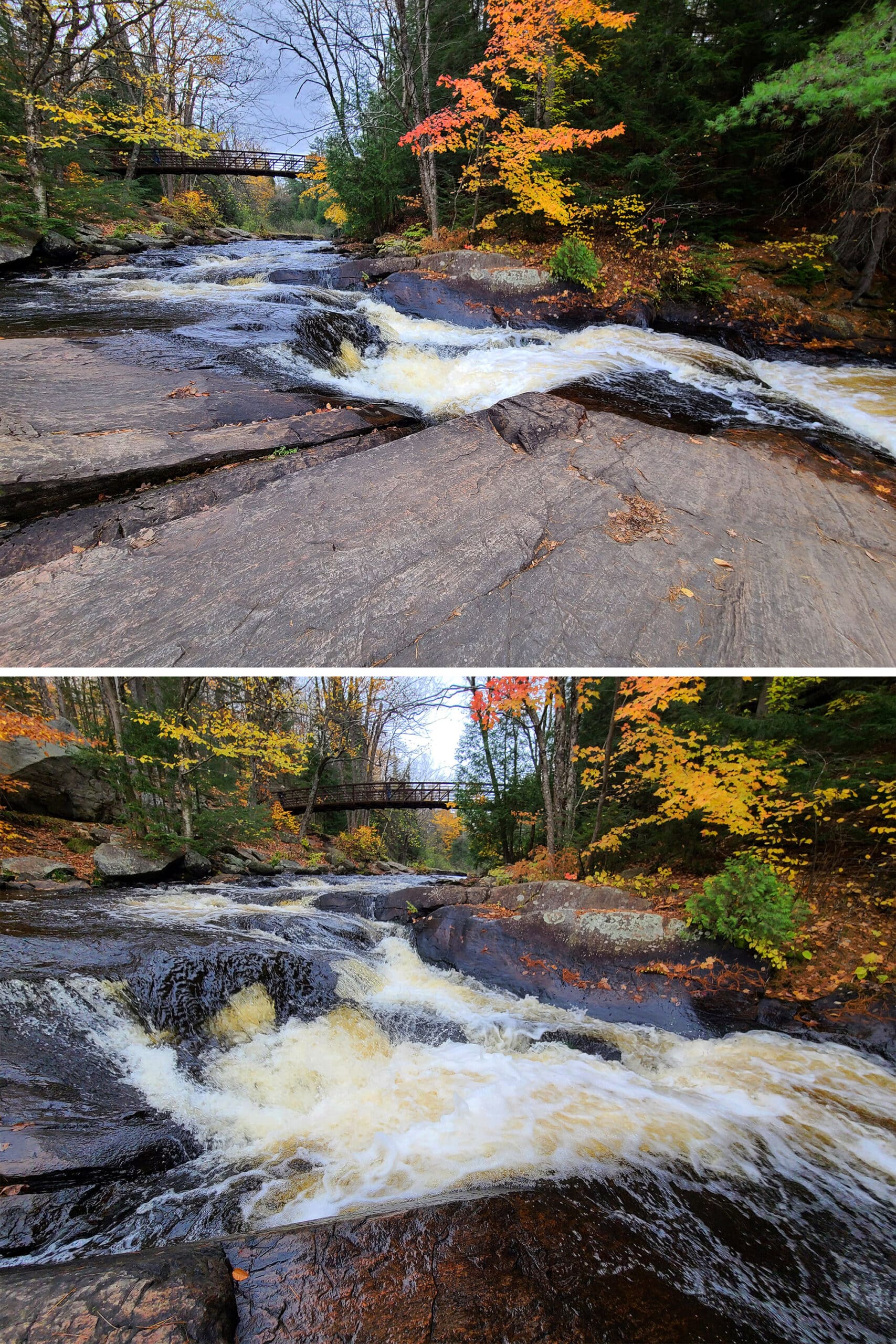 2 part image showing different views of Stubb's Falls at Arrowhead Provincial Park.