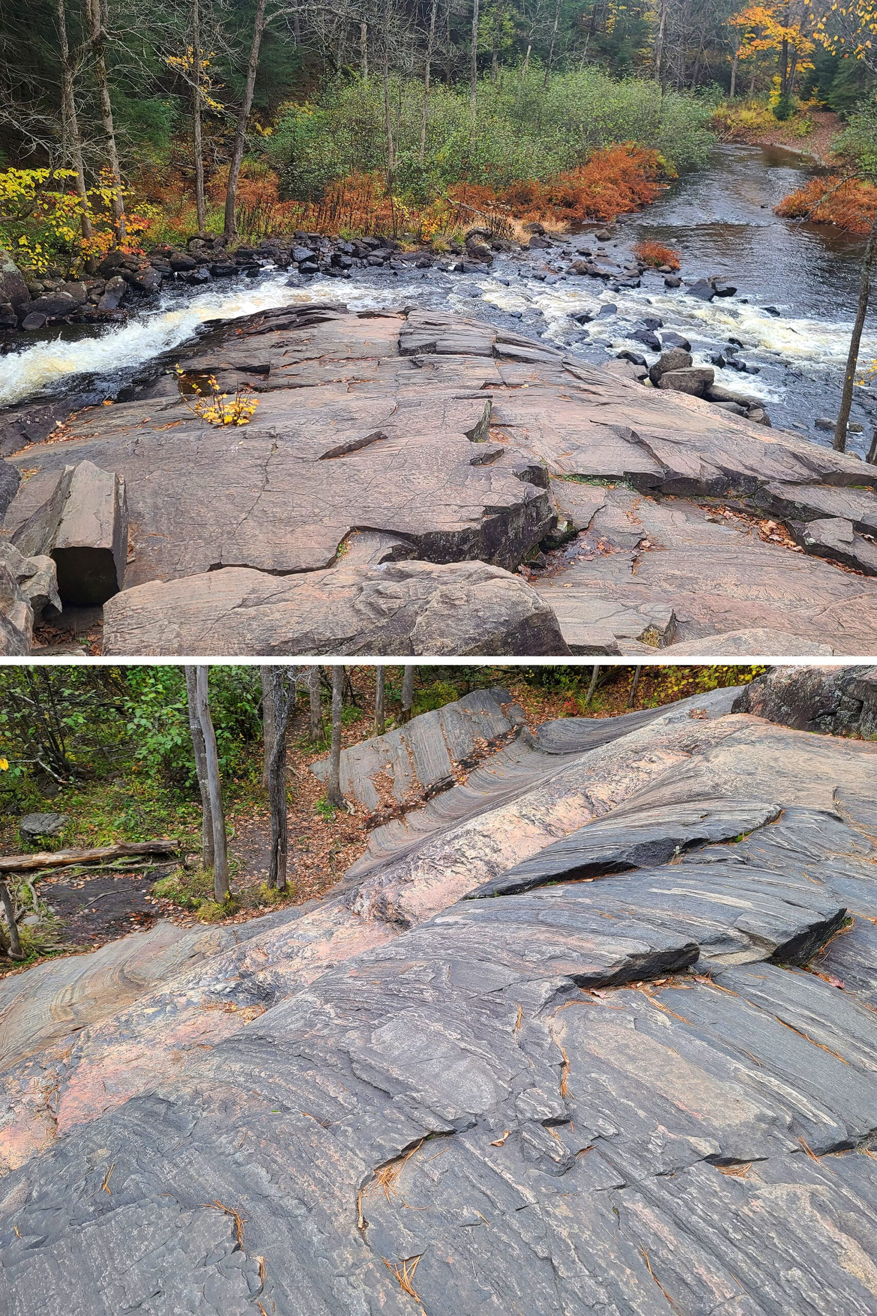 2 part image showing different views of Stubb's Falls at Arrowhead Provincial Park.