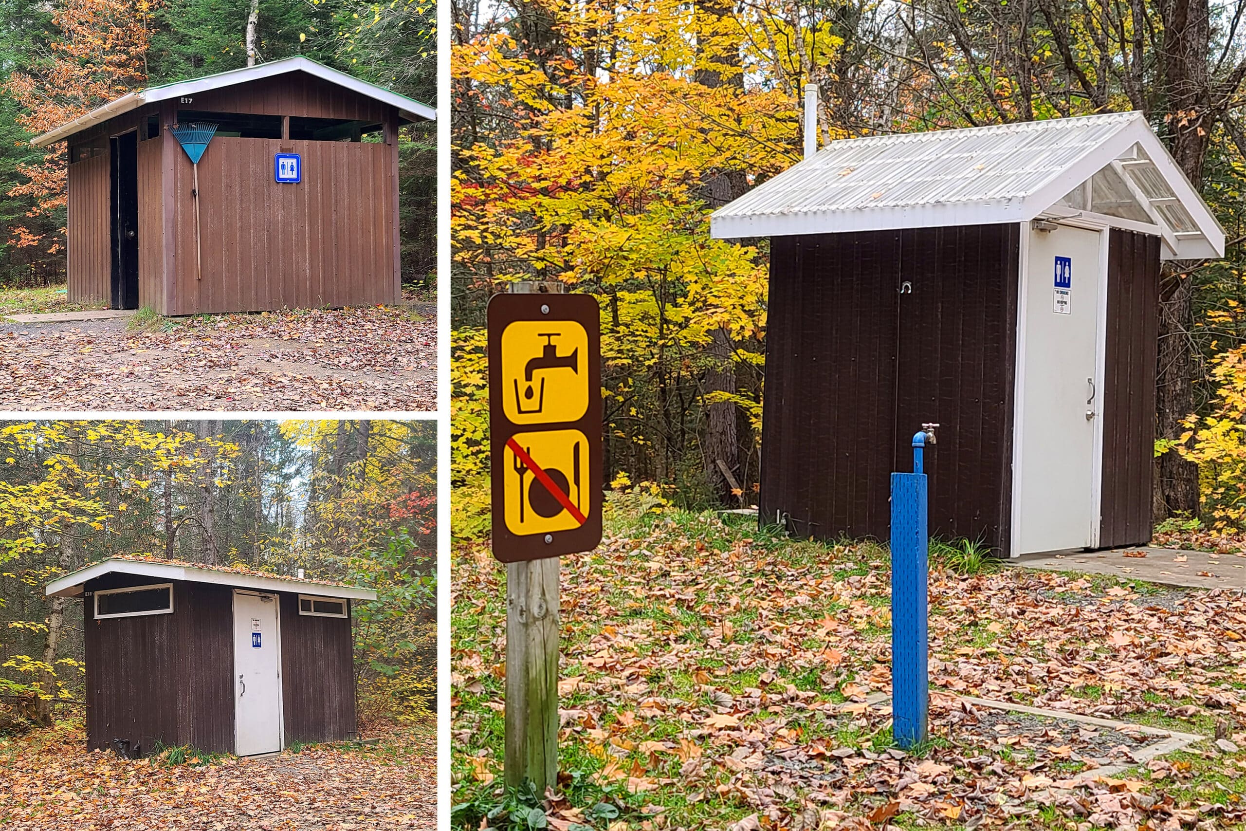 3 part image showing different vault and flush toilet buildings at Arrowhead.