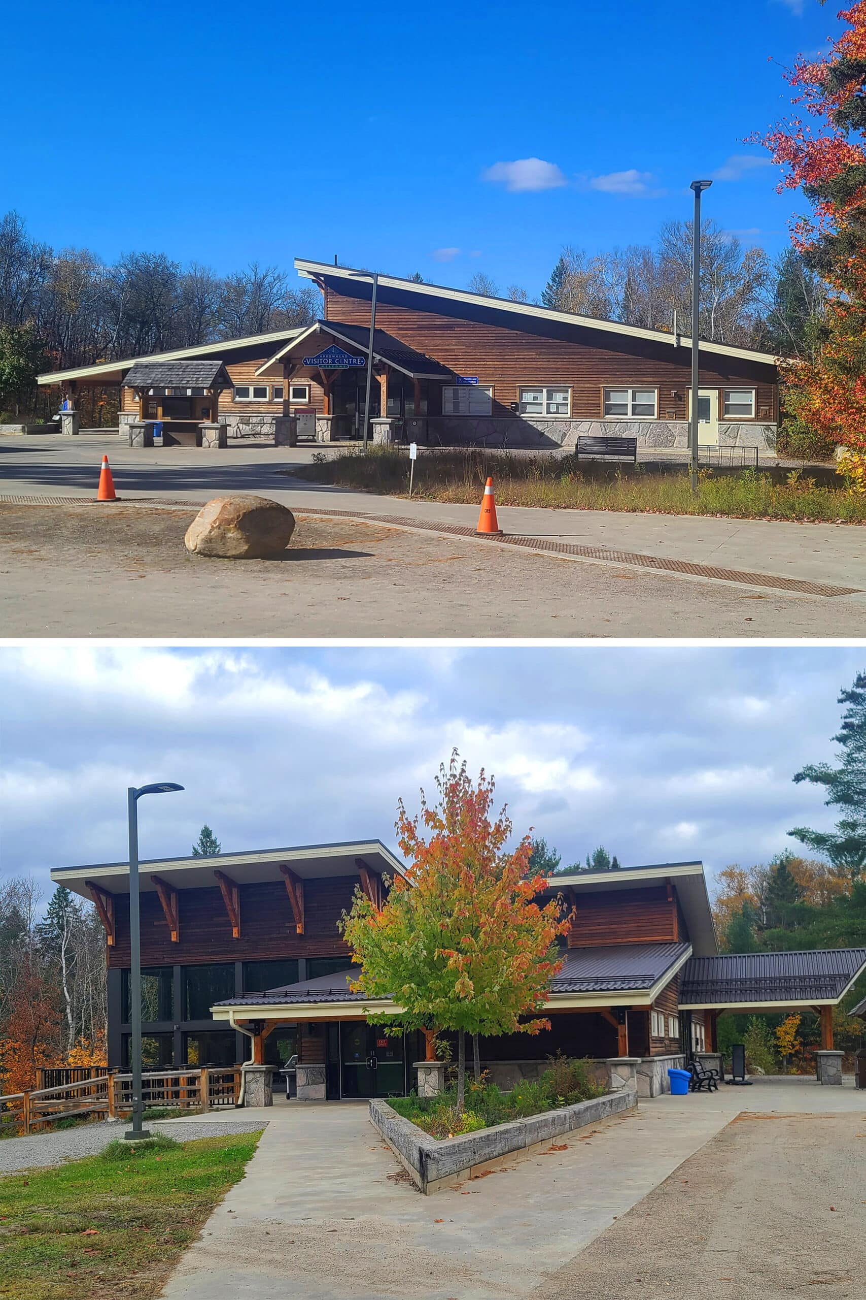 2 part image showing the Arrowhead Provincial Park visitor centre.