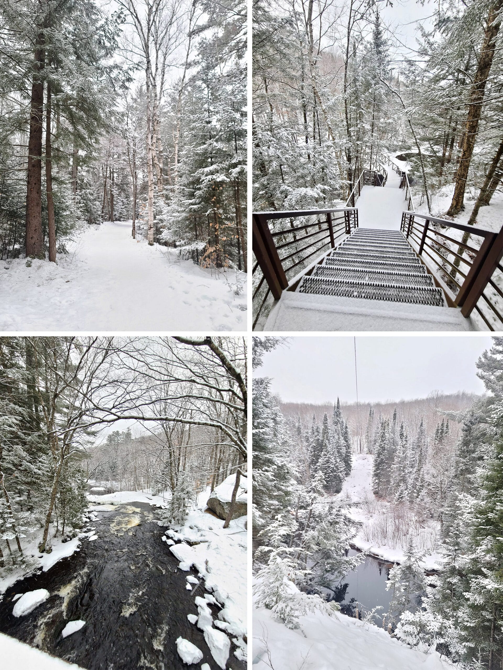 4 part image showing different views of Stubb's falls and the hike leading up to it in winter.