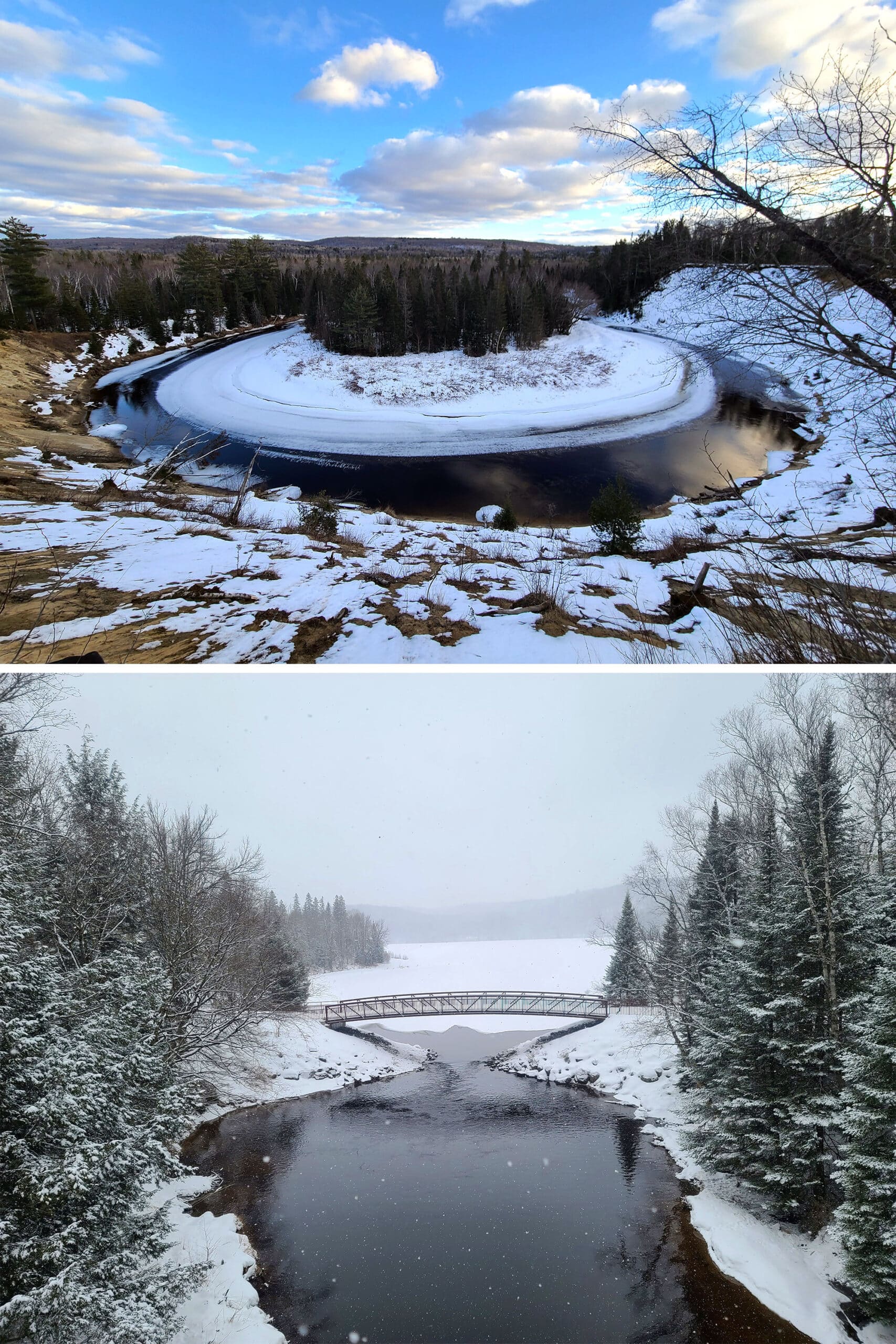 2 part image showing the river at big bend lookout, and the walking bridge at Arrowhead in winter.