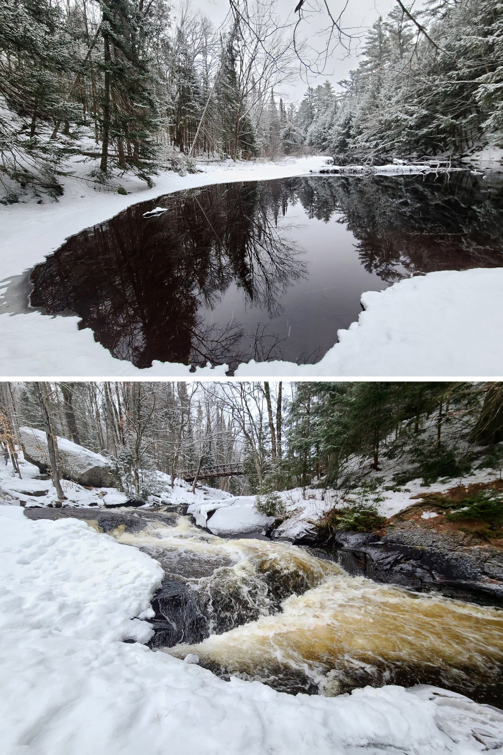 2 part image showing waterfalls an a small clear section of river in winter.