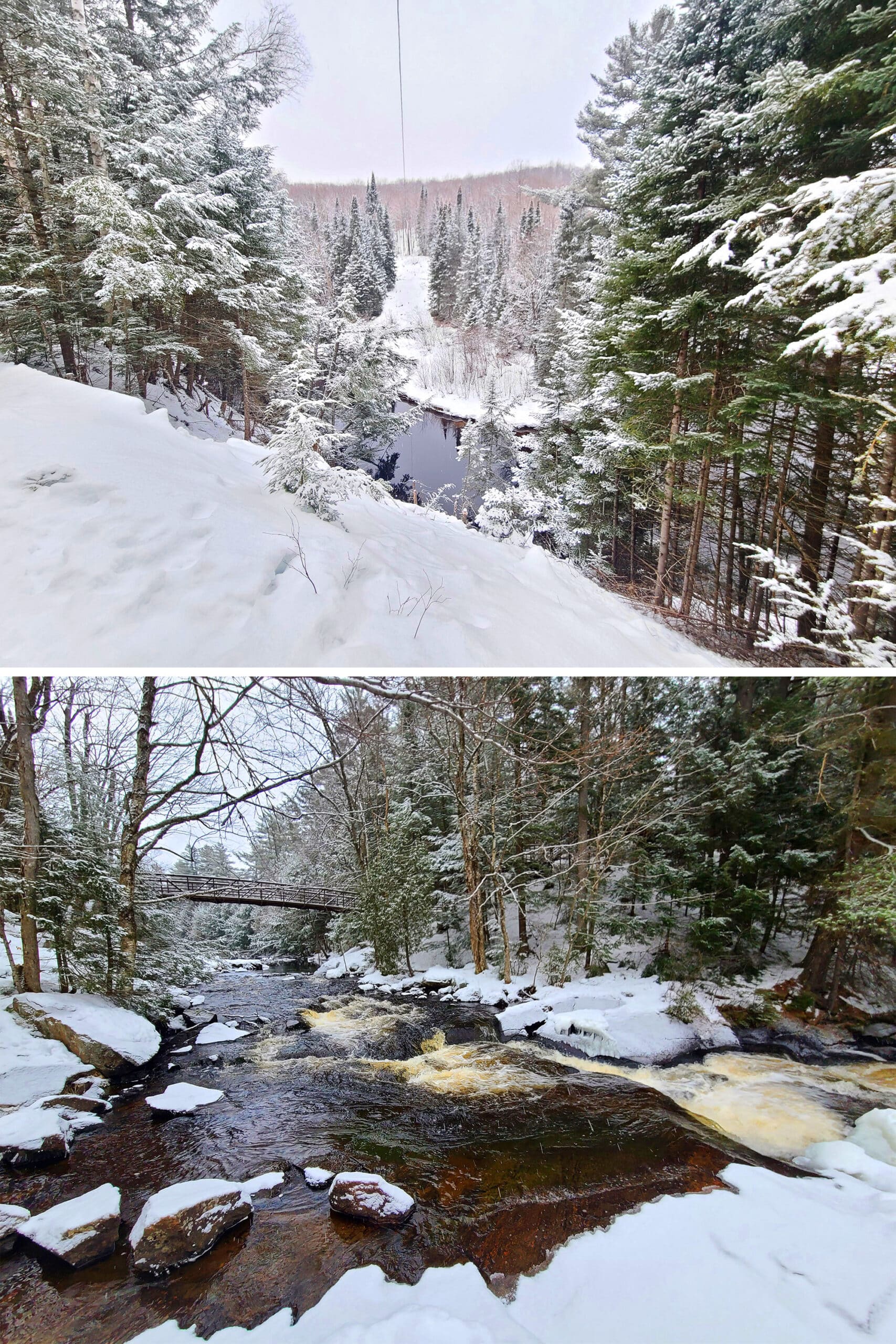 2 part image showing different views of Stubb's falls and the hike leading up to it in winter.