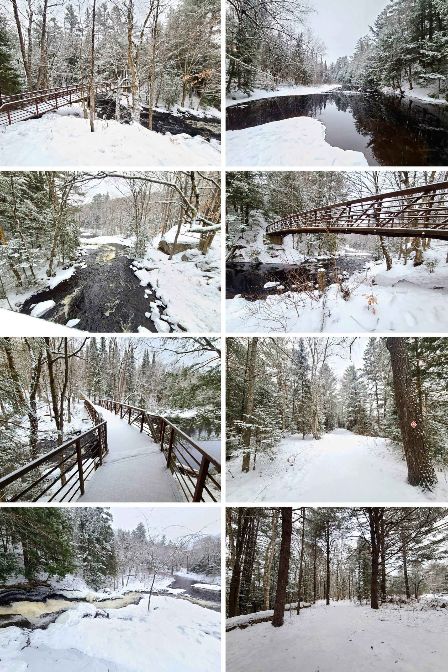 8 part image showing different views of Stubb's falls and the hike leading up to it in winter.