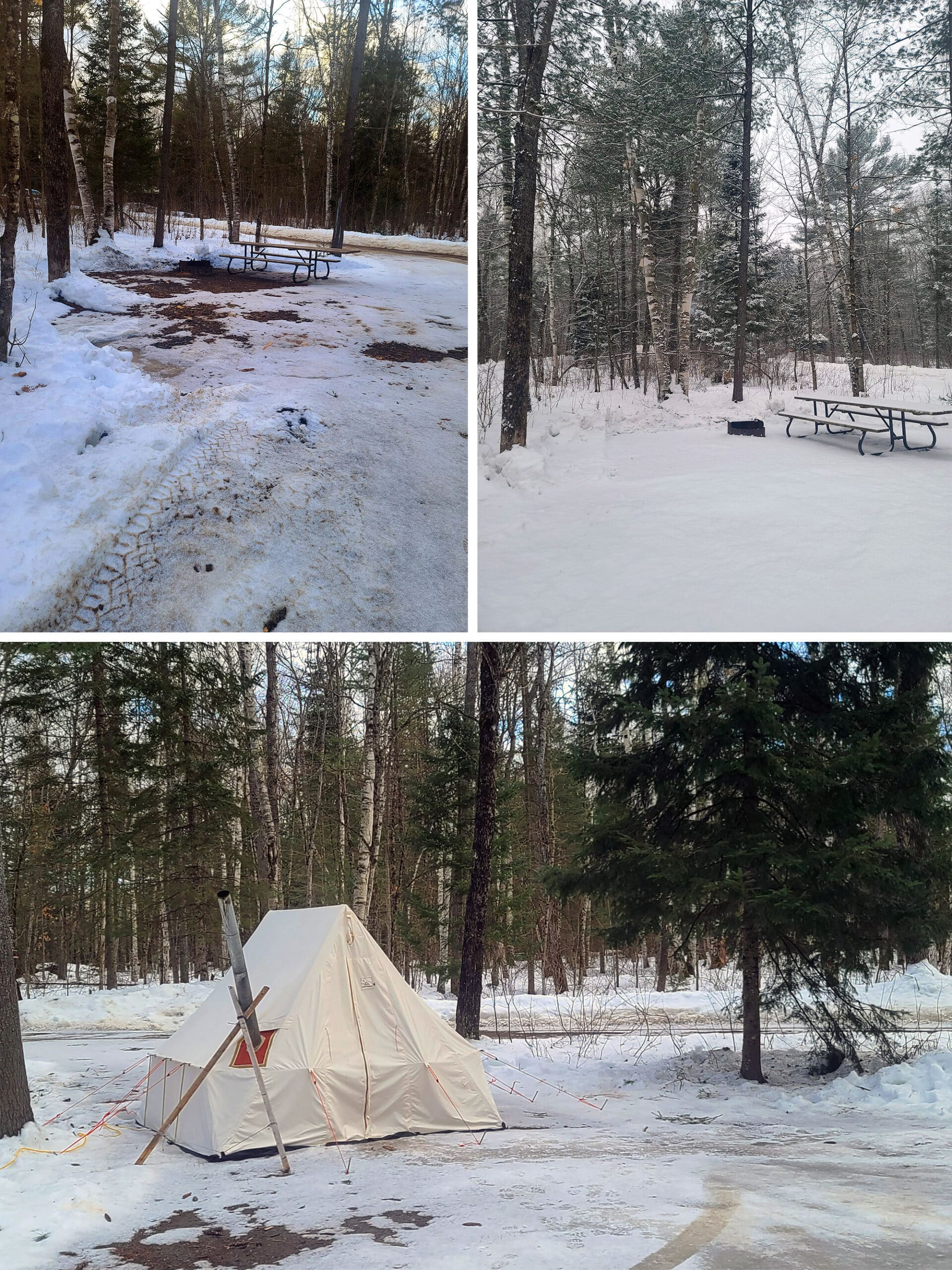 3 part image showing various Arrowhead campsites in the snow.