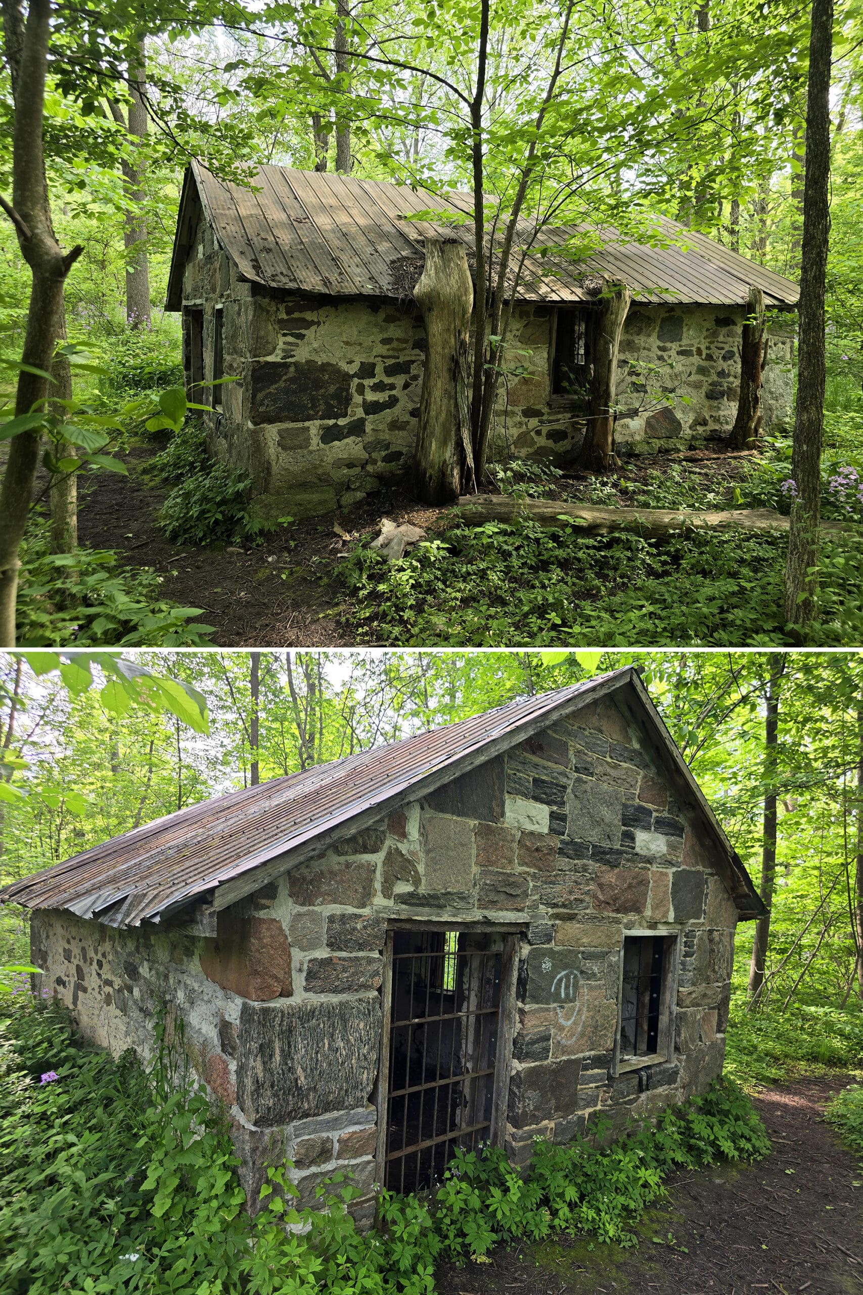 2 part image showing bass lake provincial park's stone milk house.