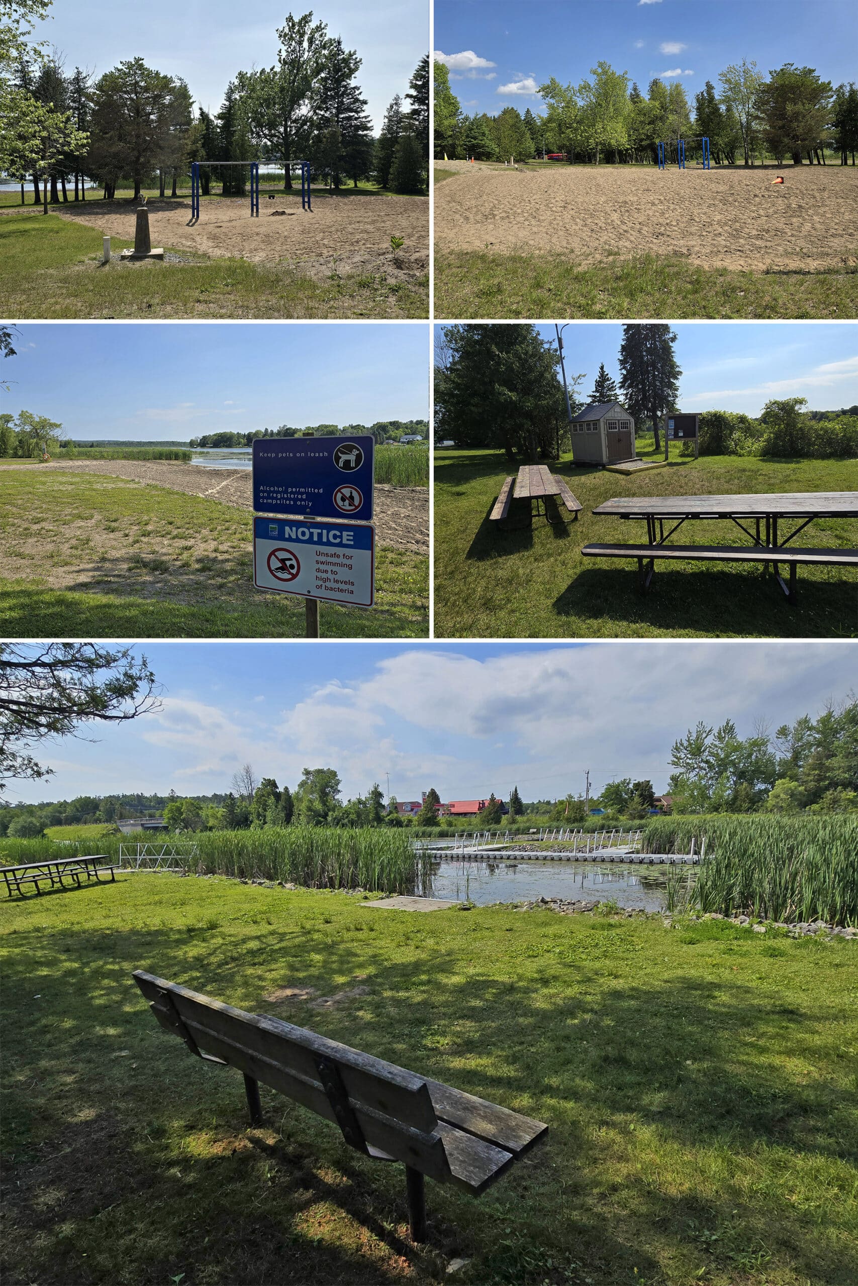 5 part image showing a playground with sand box, picnic area, and the rest of Emily Provincial Park’s day use area.
