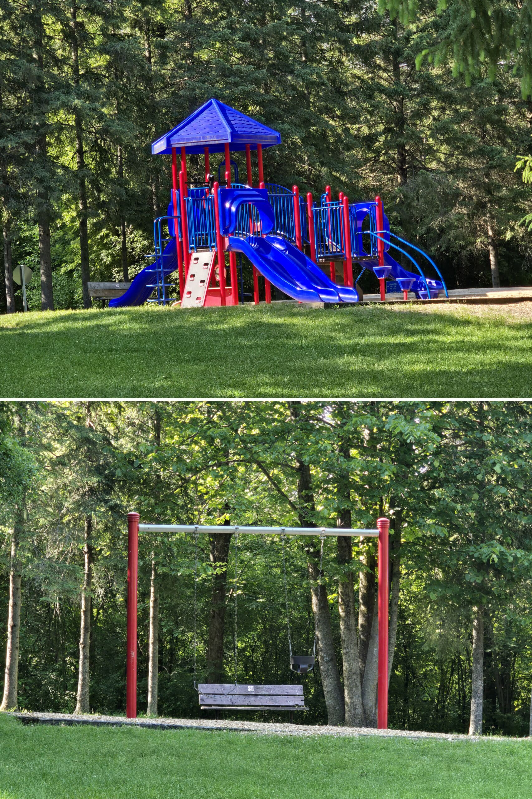 2 part image showing a large modern playground in blue and red.
