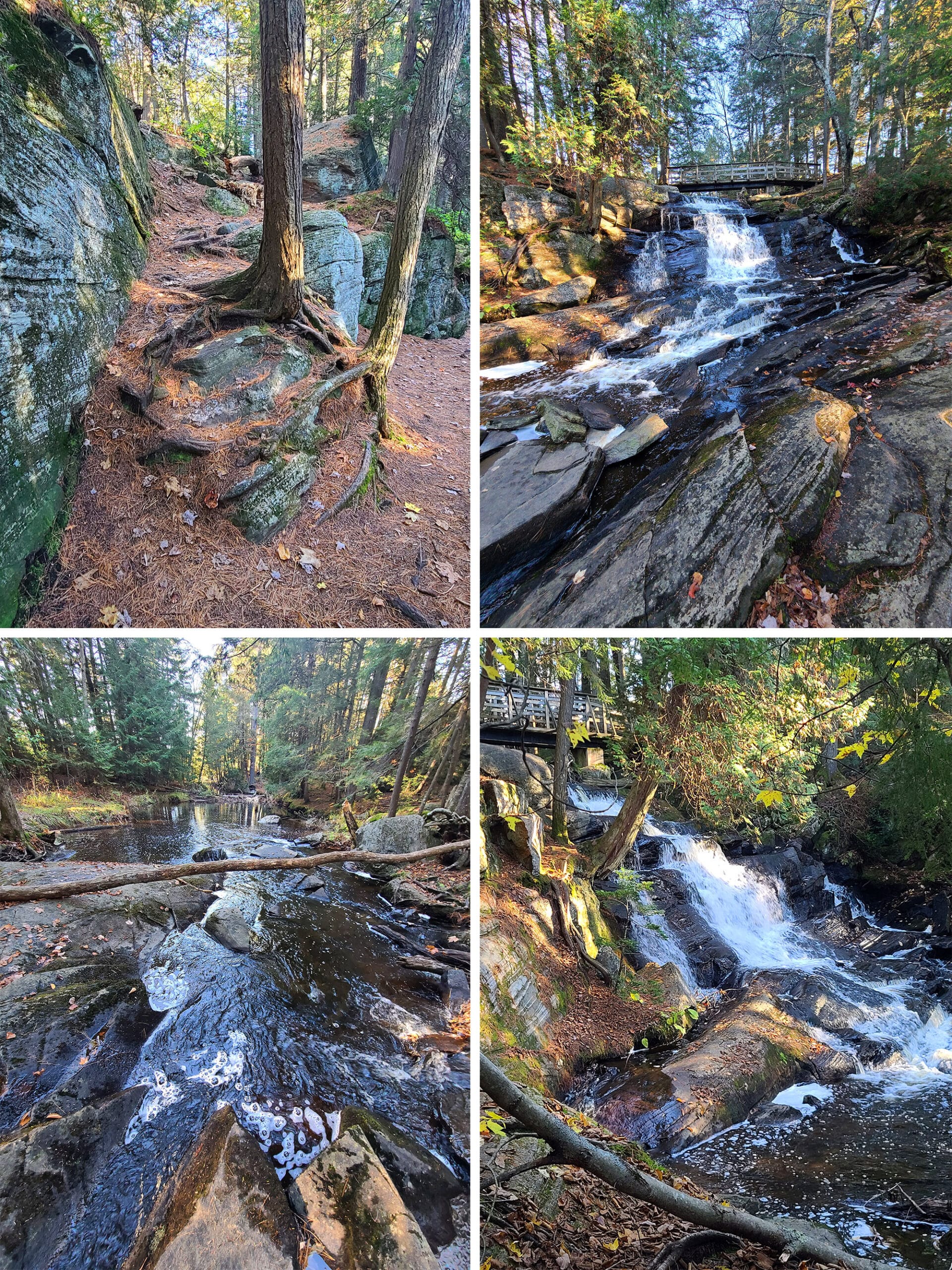 4 part compilation image showing hiking with waterfalls at Little High Falls park.