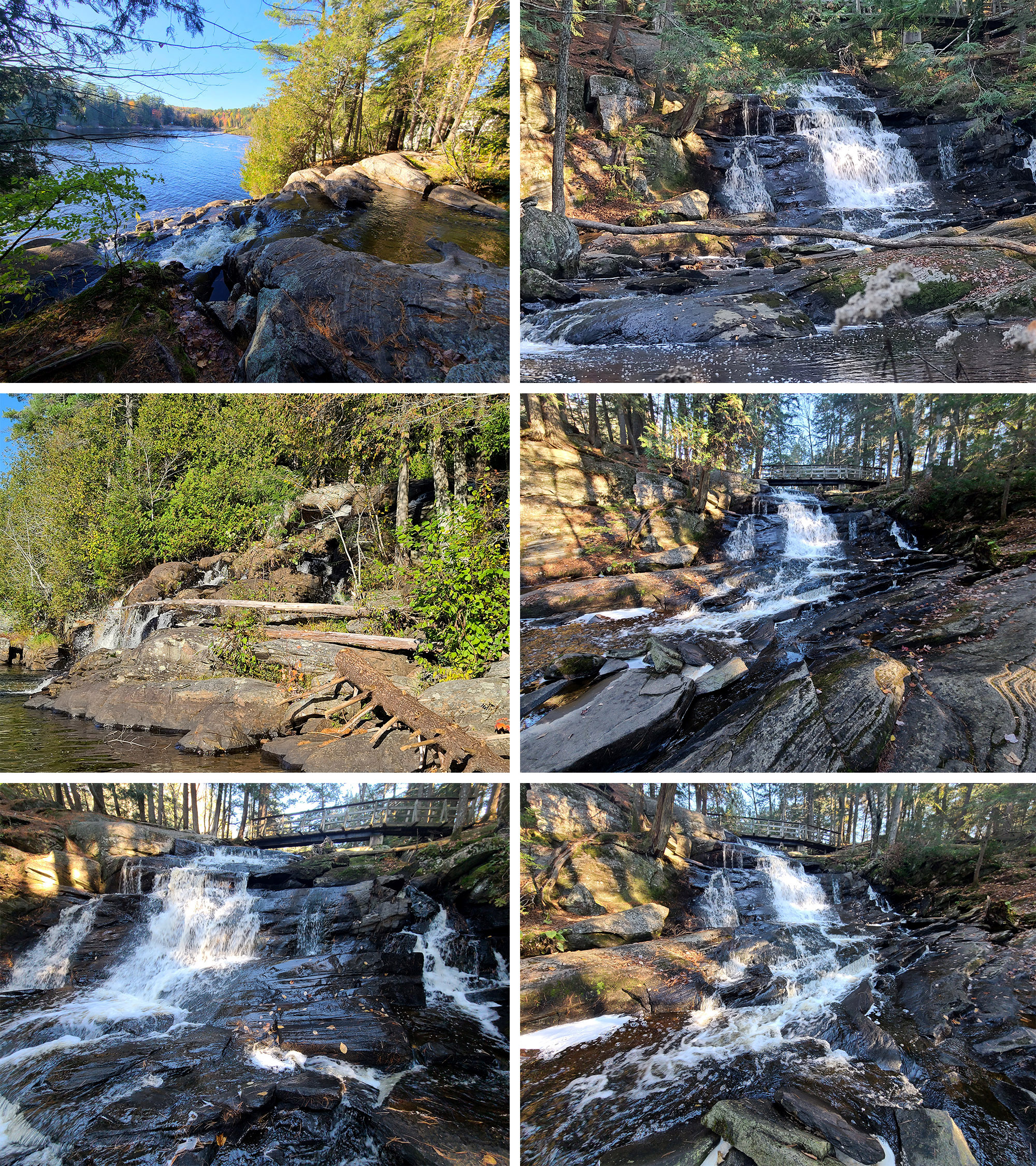 6 part compilation image showing hiking with waterfalls at Little High Falls park.