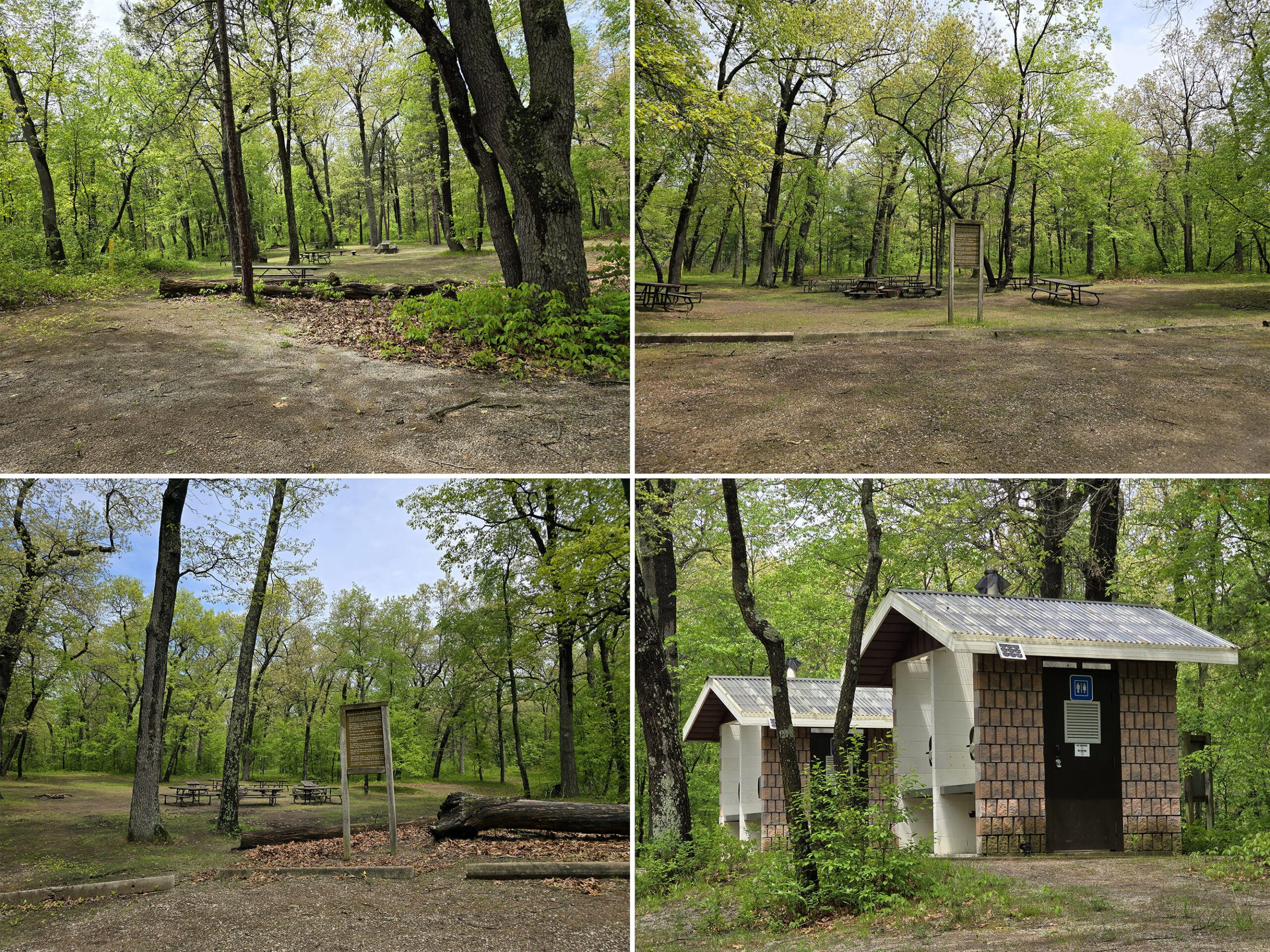 4 part image showing 3 group camp sites at Pinery, as well as the bathroom building for it.