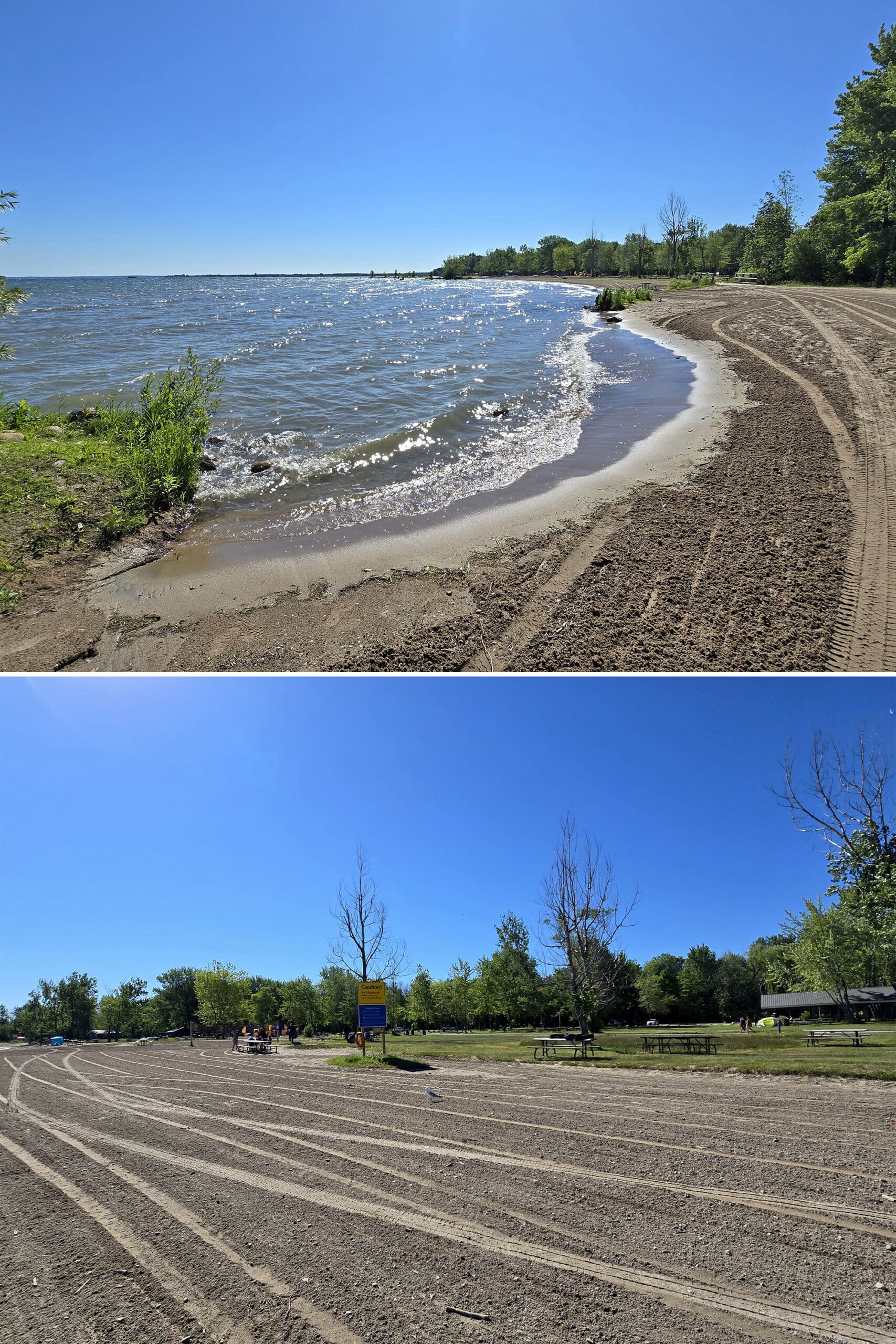 2 part image showing sibbald point provincial park beach, a well groomed beach on lake simcoe.