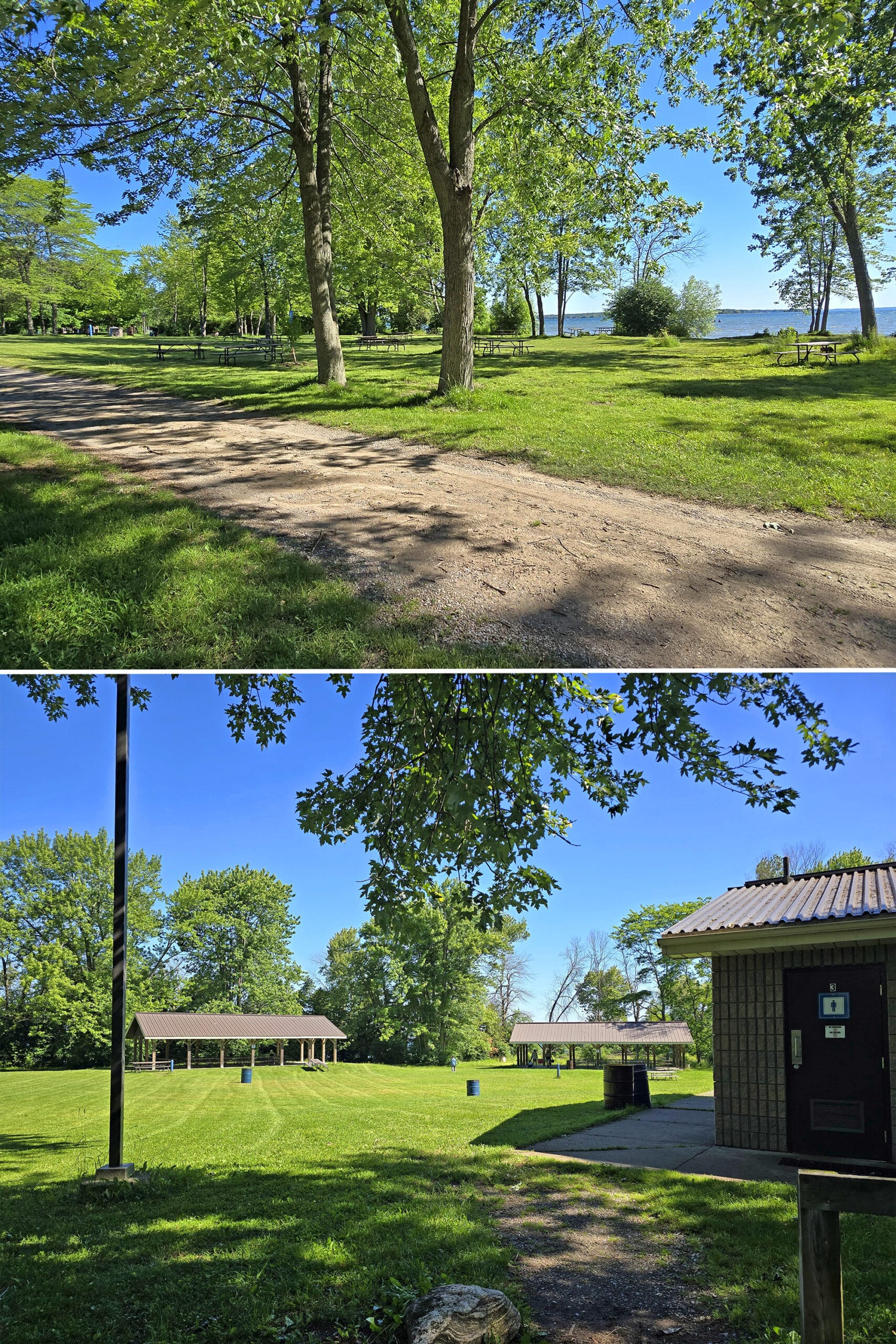 2 part image showing different individual and group picnic areas at sibbald point provincial park.