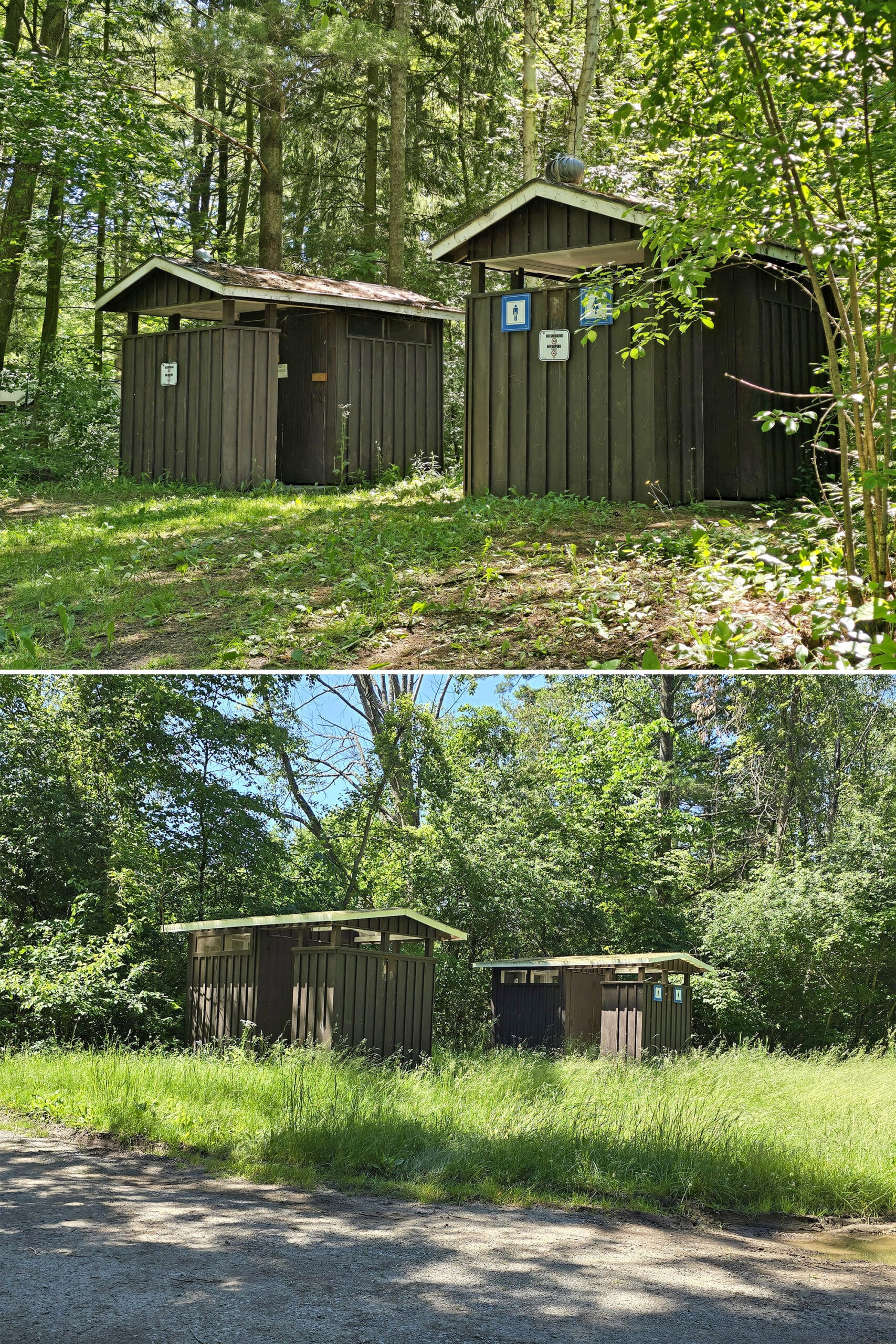 2 part image showing different sets of vault toilets.