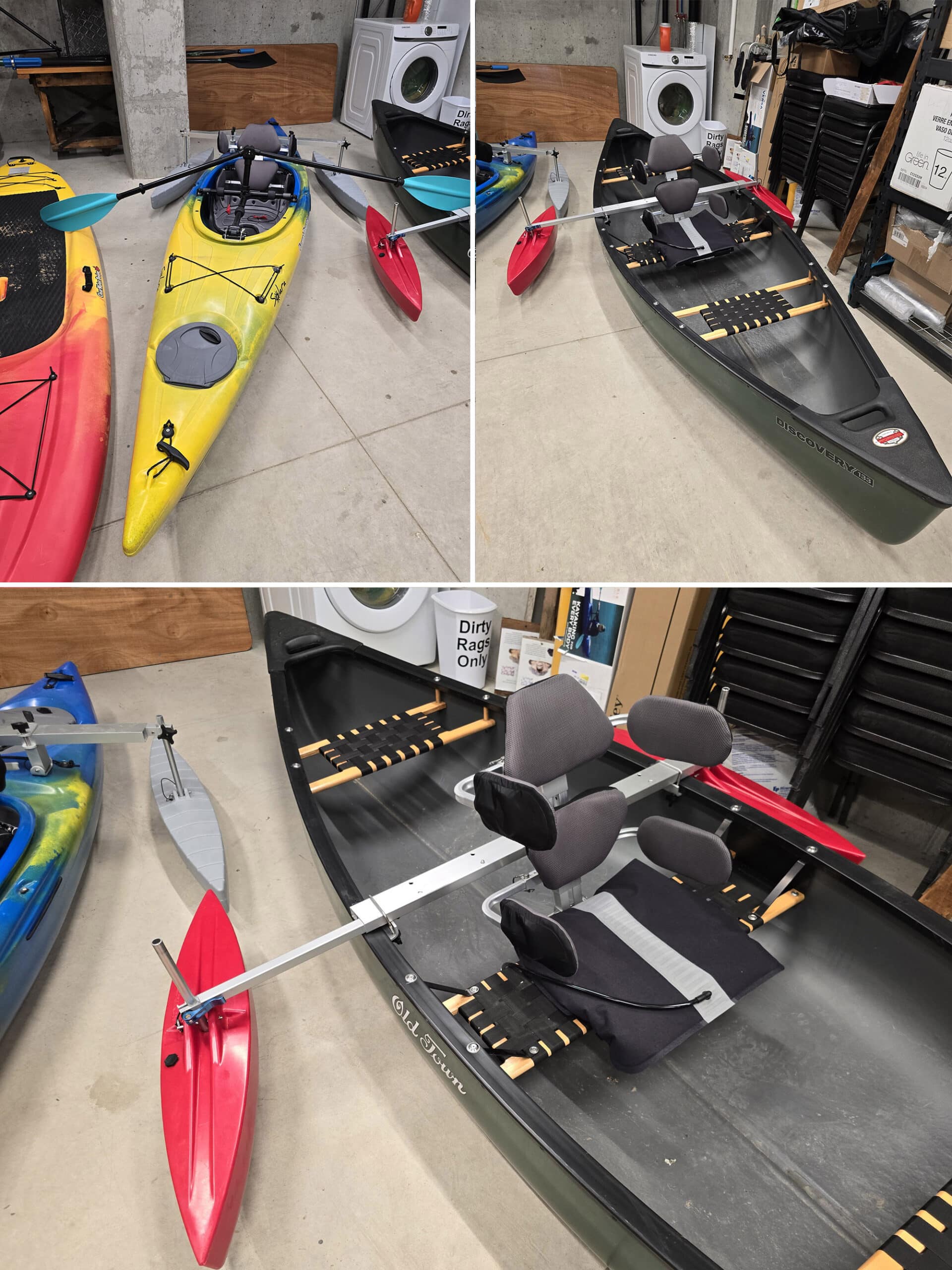 3 part image showing an accessible canoe and an accessible kayak.