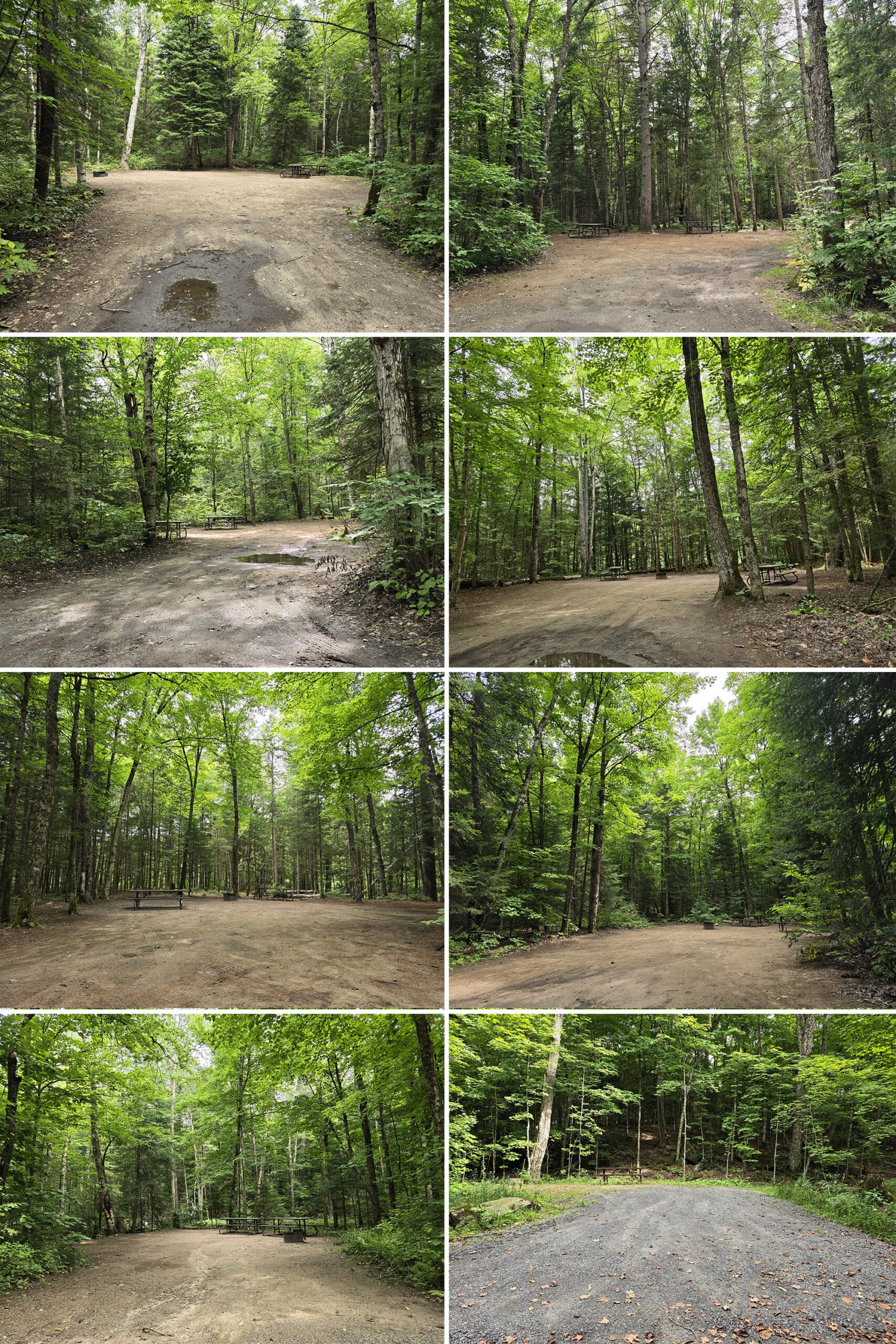 8 part image showing different campsites in arrowhead provincial park.