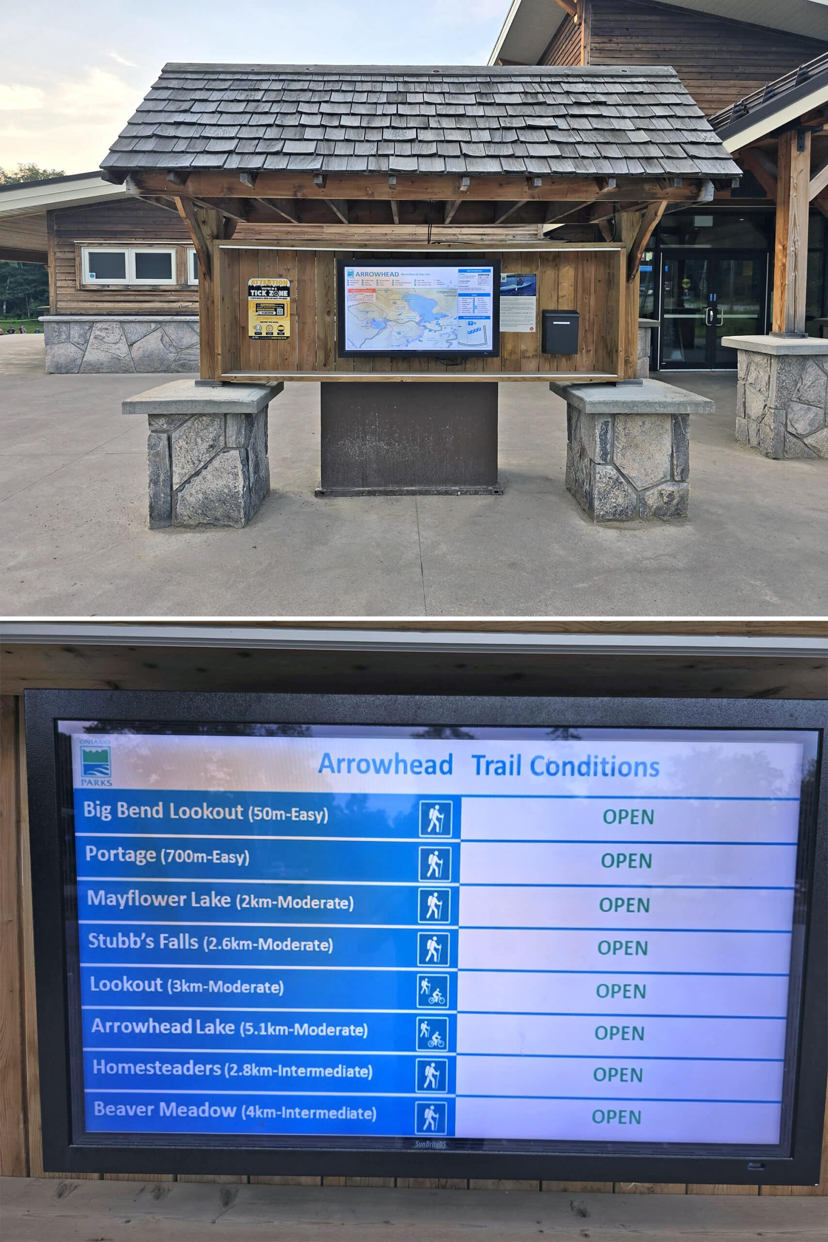 2 part image showing an LED trail conditions sign at Arrowhead Provincial Park.