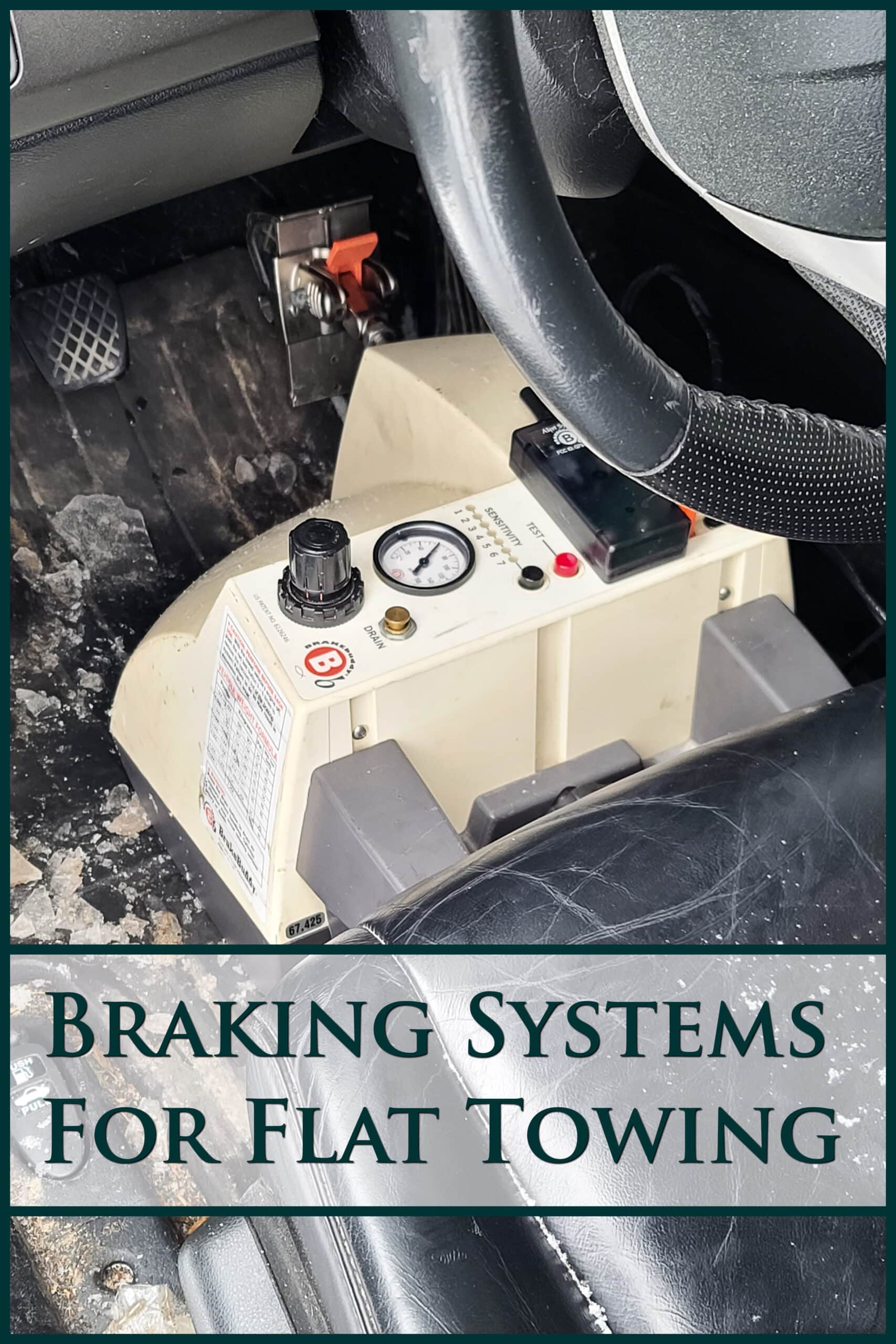 A white box with controls, mounted to the brake pedal of a car.  It rests against the driver's seat on the floor.  Overlaid text says Braking Systems For Flat Towing.