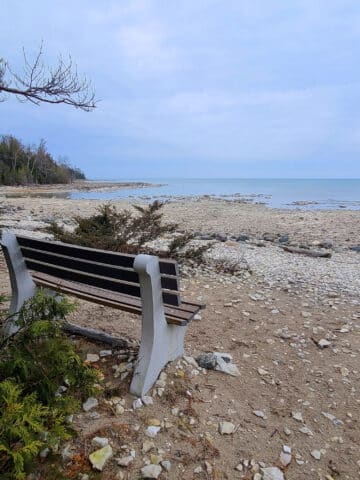 A part bench looking out over a rocky beach.