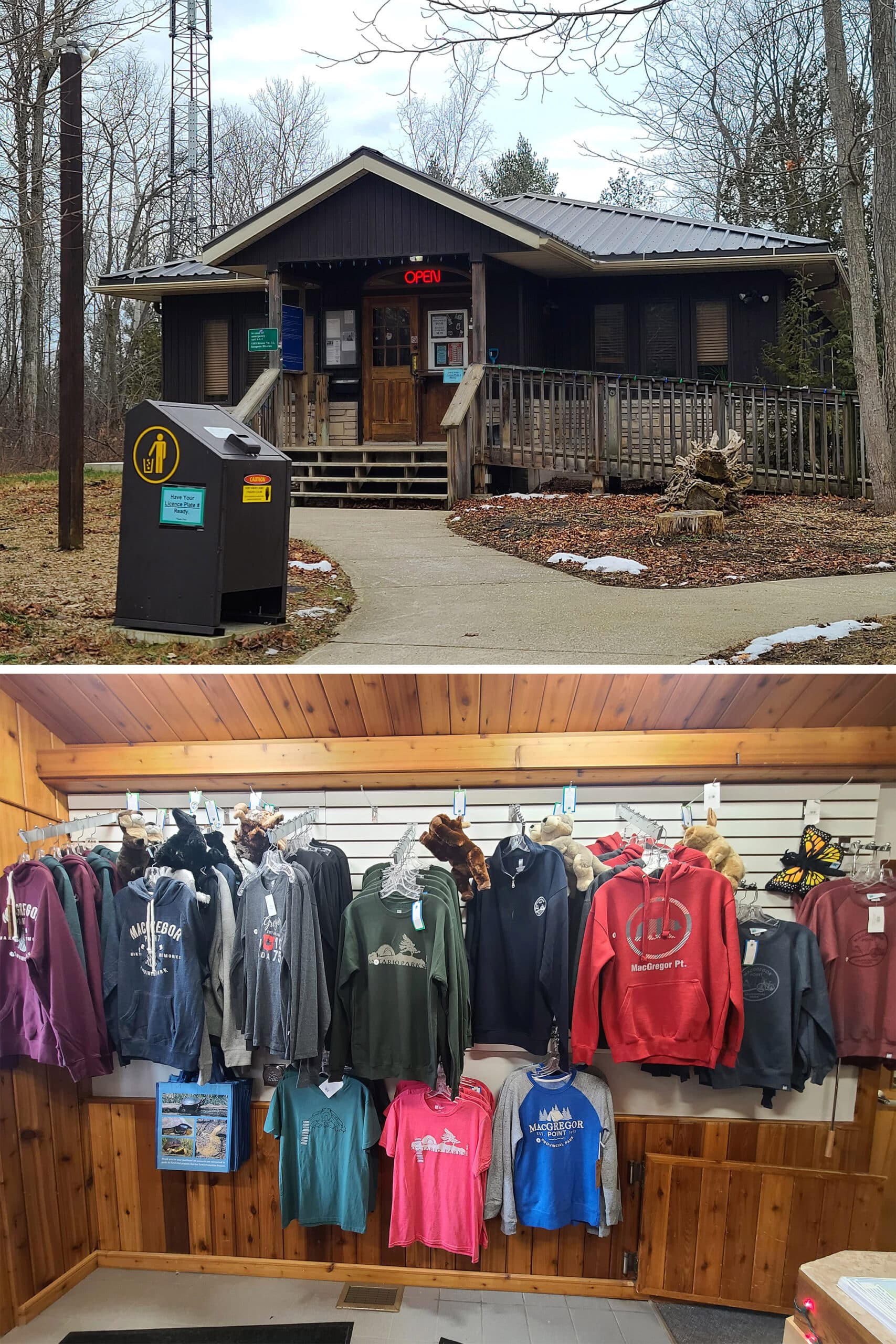 2 part image showing the outside and inside of the MacGregor Point  Provincial Park office.
