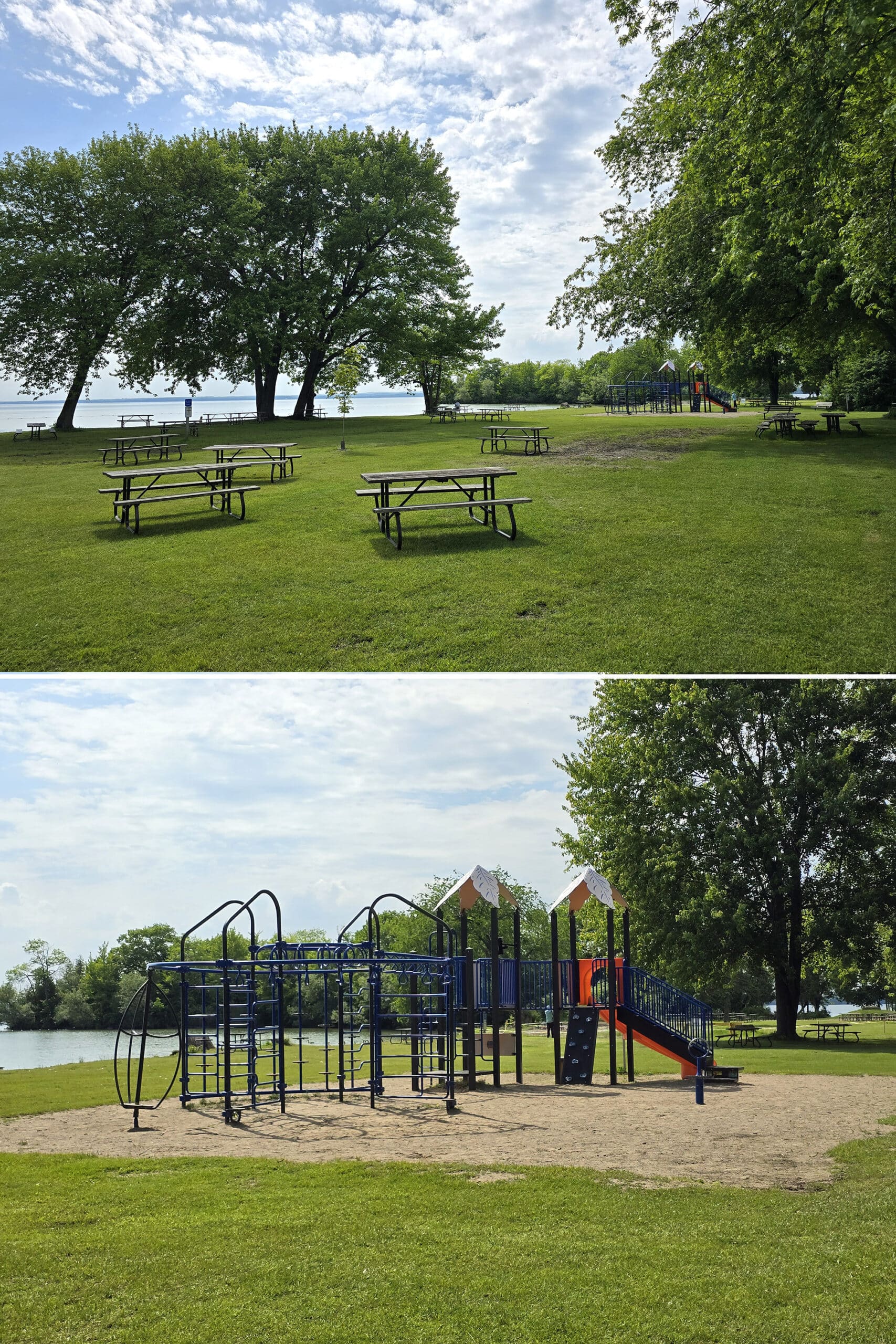2 part image showing a picnic area and a playground.
