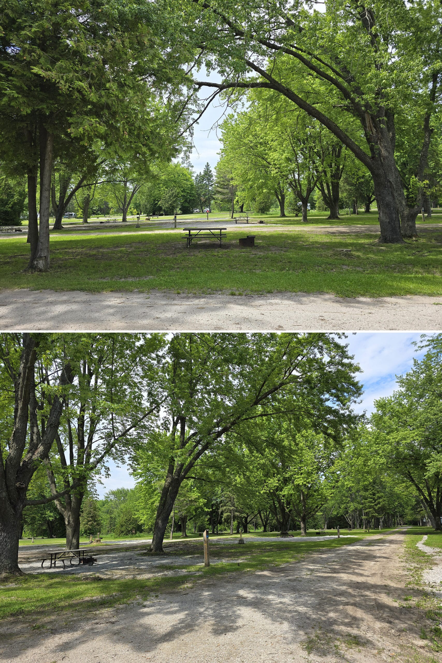 2 part image showing an overview look of a wide open RV campground.