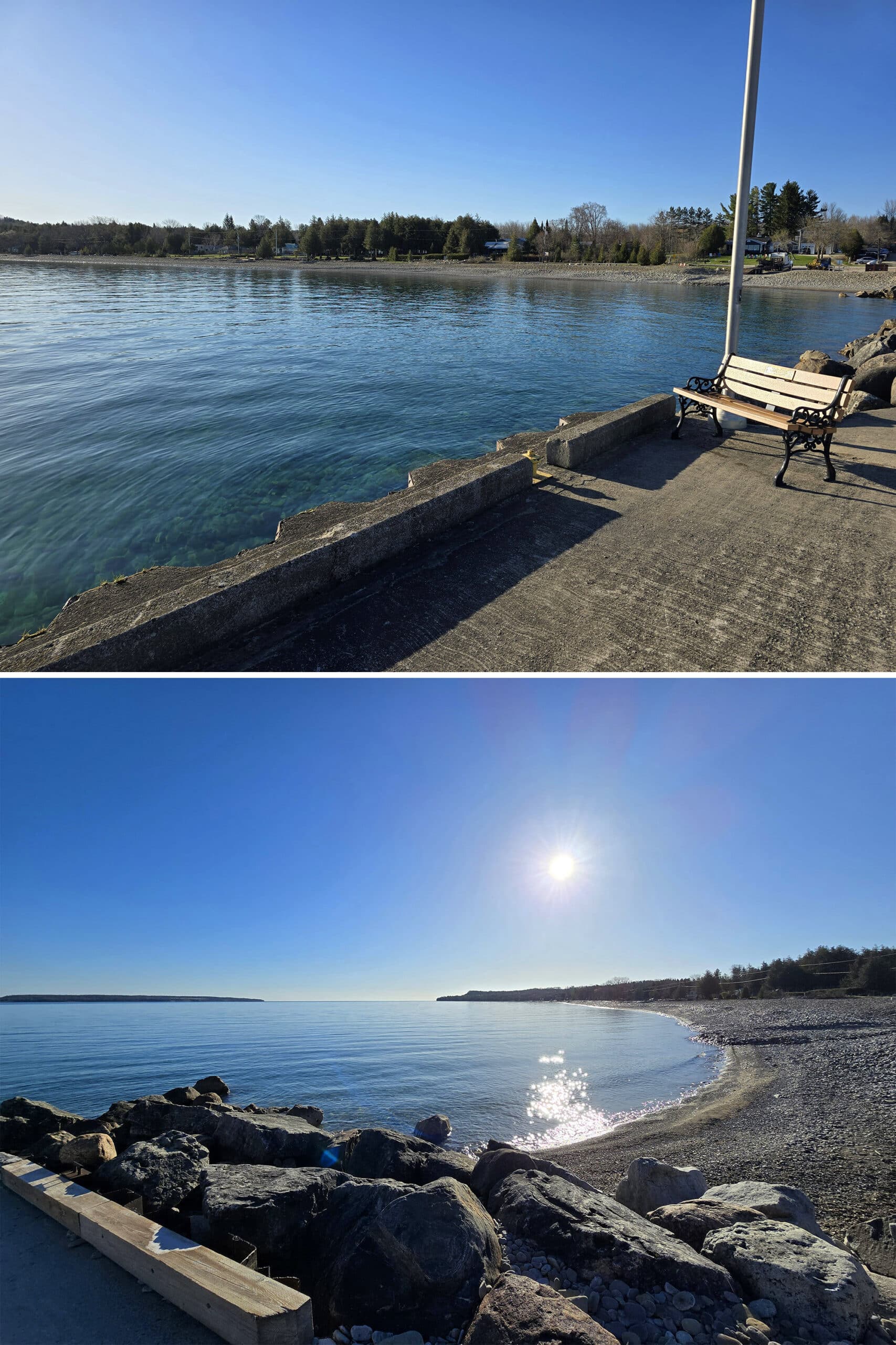 2 part image showing views from Big Bay Pier, looking out over the beach and lake.