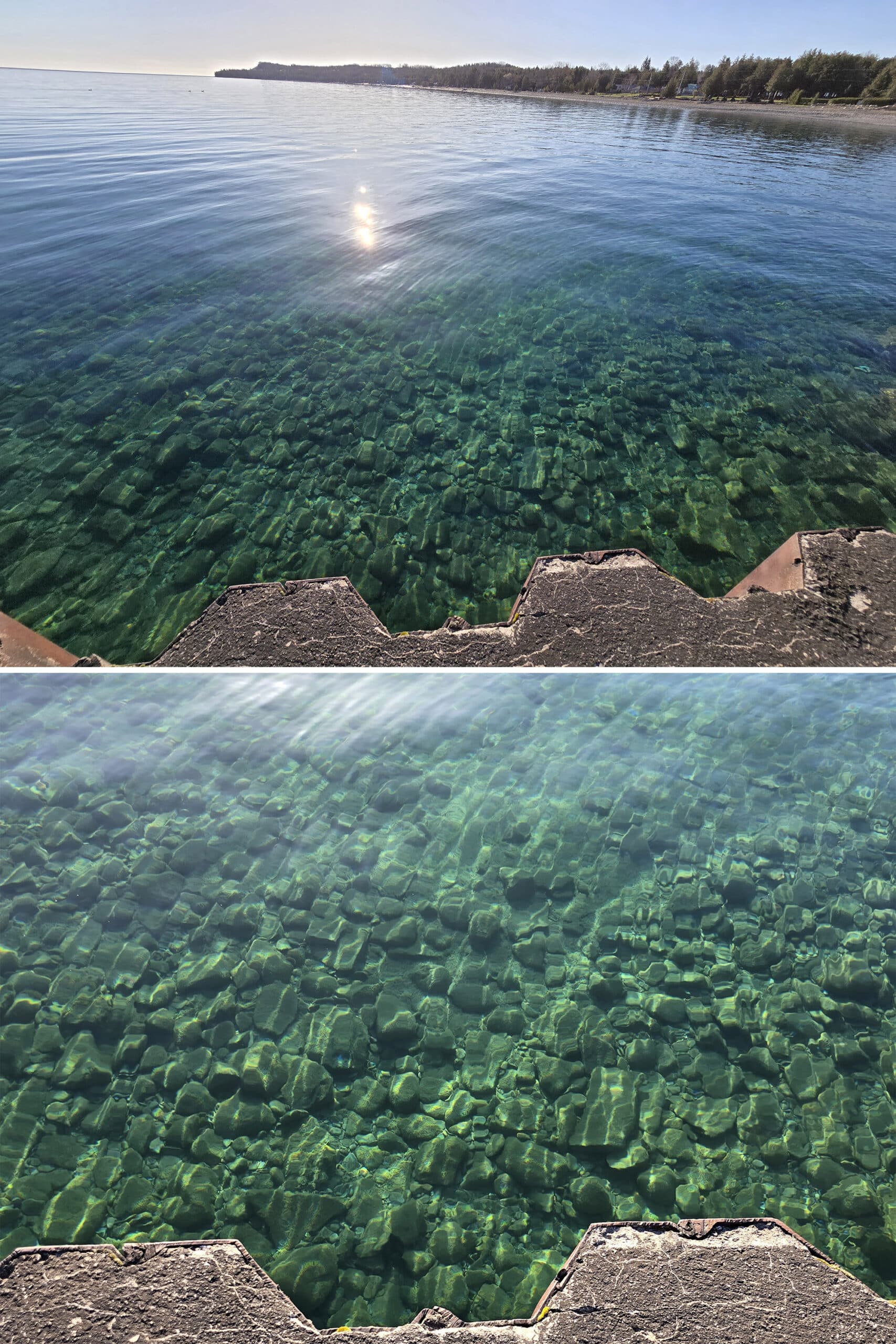 2 part image showing blue green waters over a rocky base.