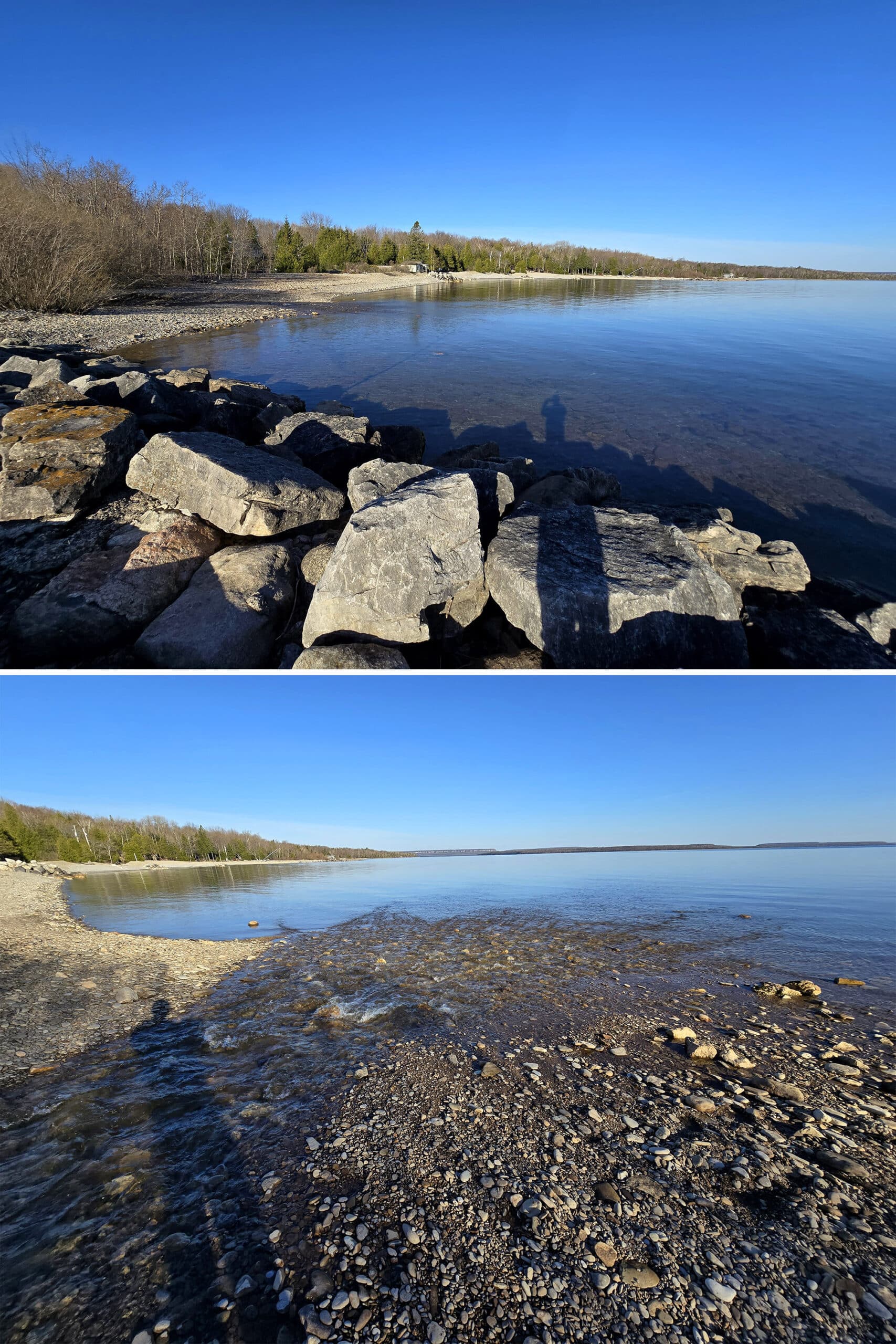 2 part image showing a stream emptying into Big Bay, and the beach with cabins along it.