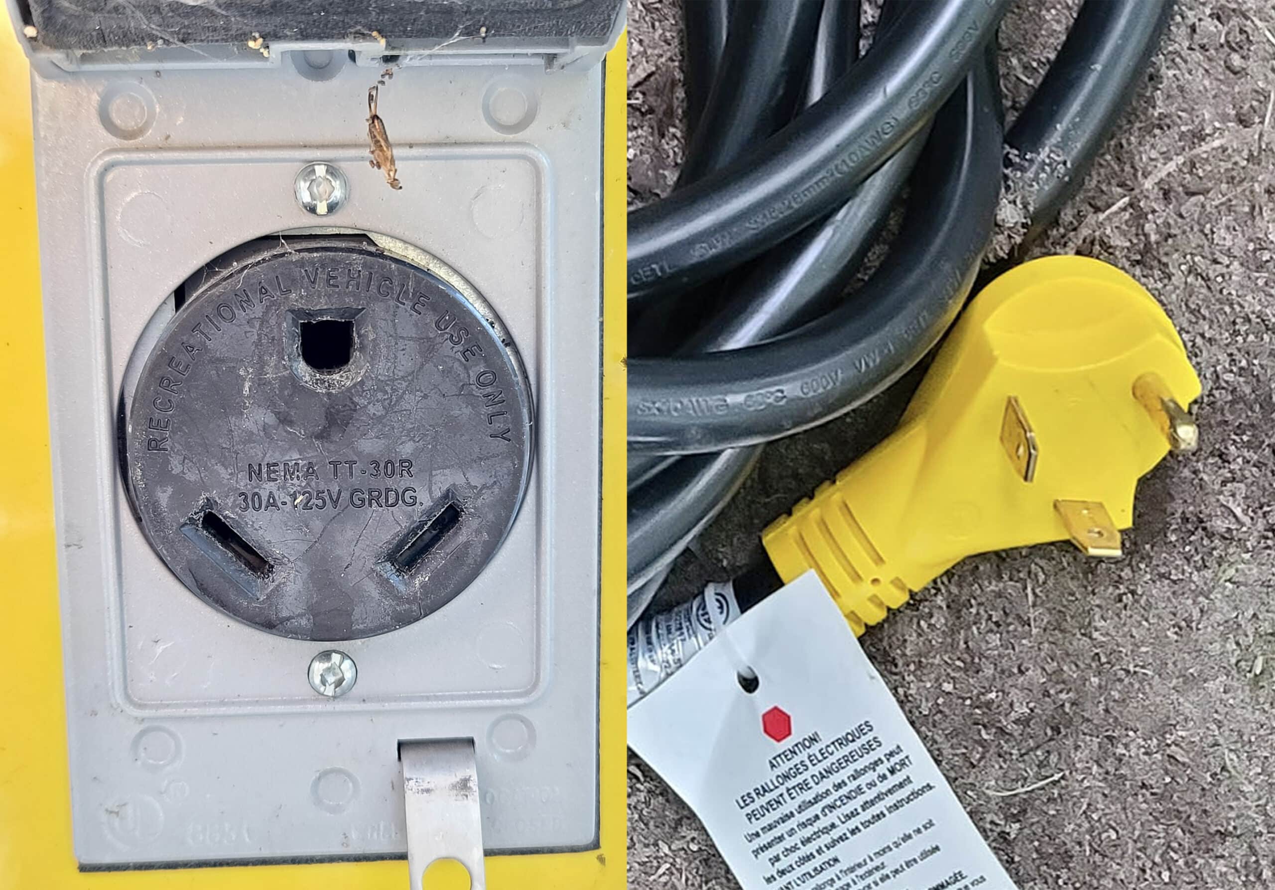 On the left is a 30 amp power socket.  On the right is a black power cable with a yellow 30 amp power plug.