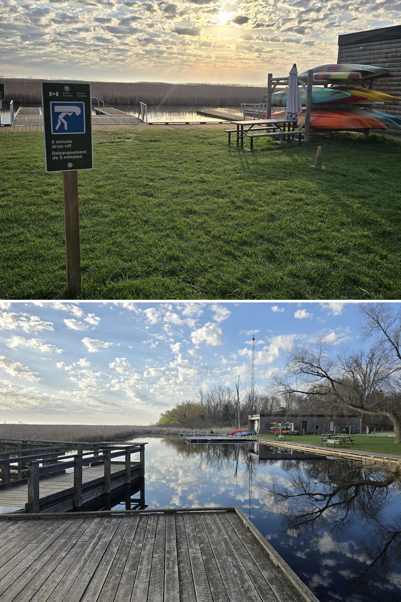 2 part image showing the canoe launch area at the Point Pelee boardwalk.