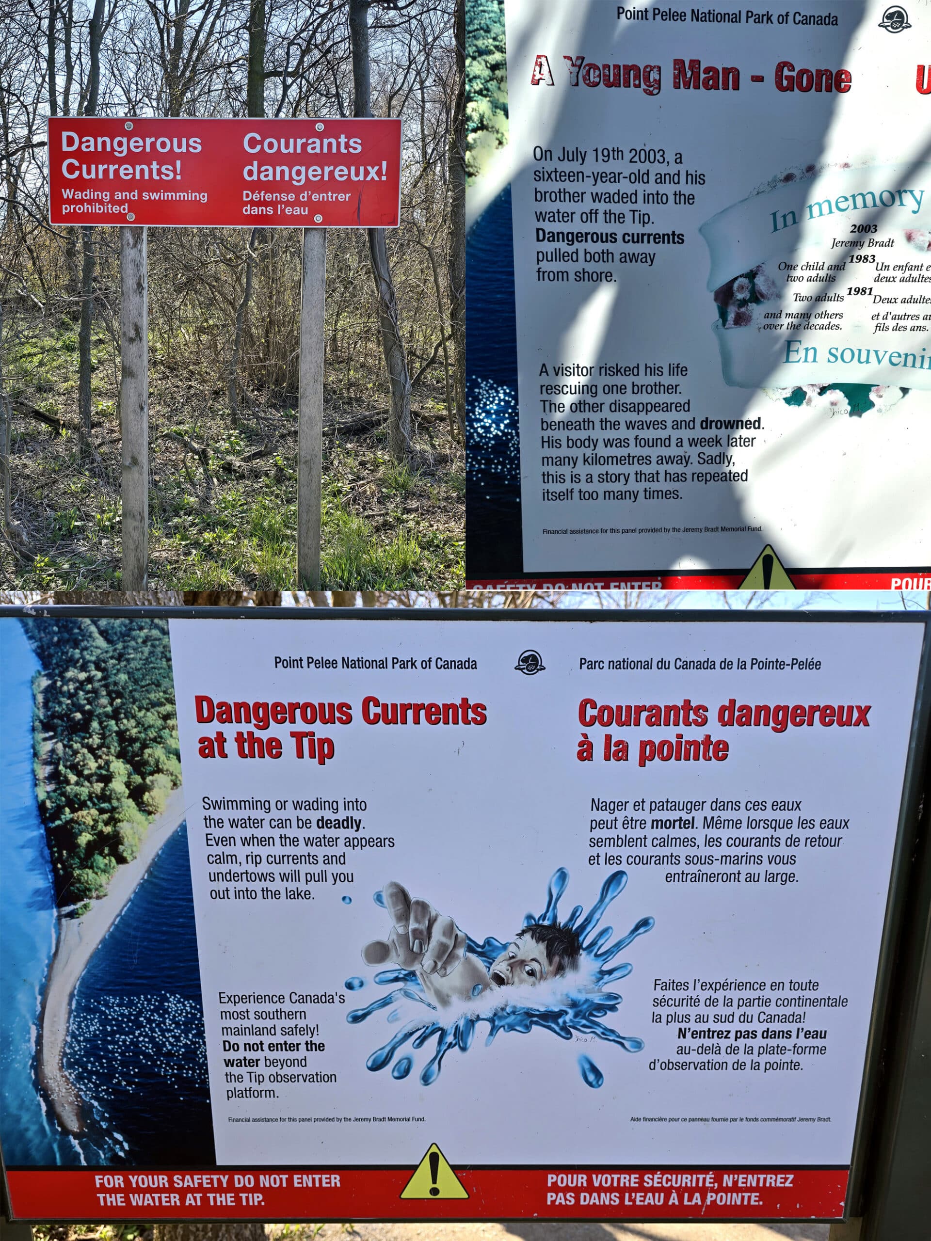 3 part image showing signage talking about how dangerous the waters are at the tip, and about the people who have died there.