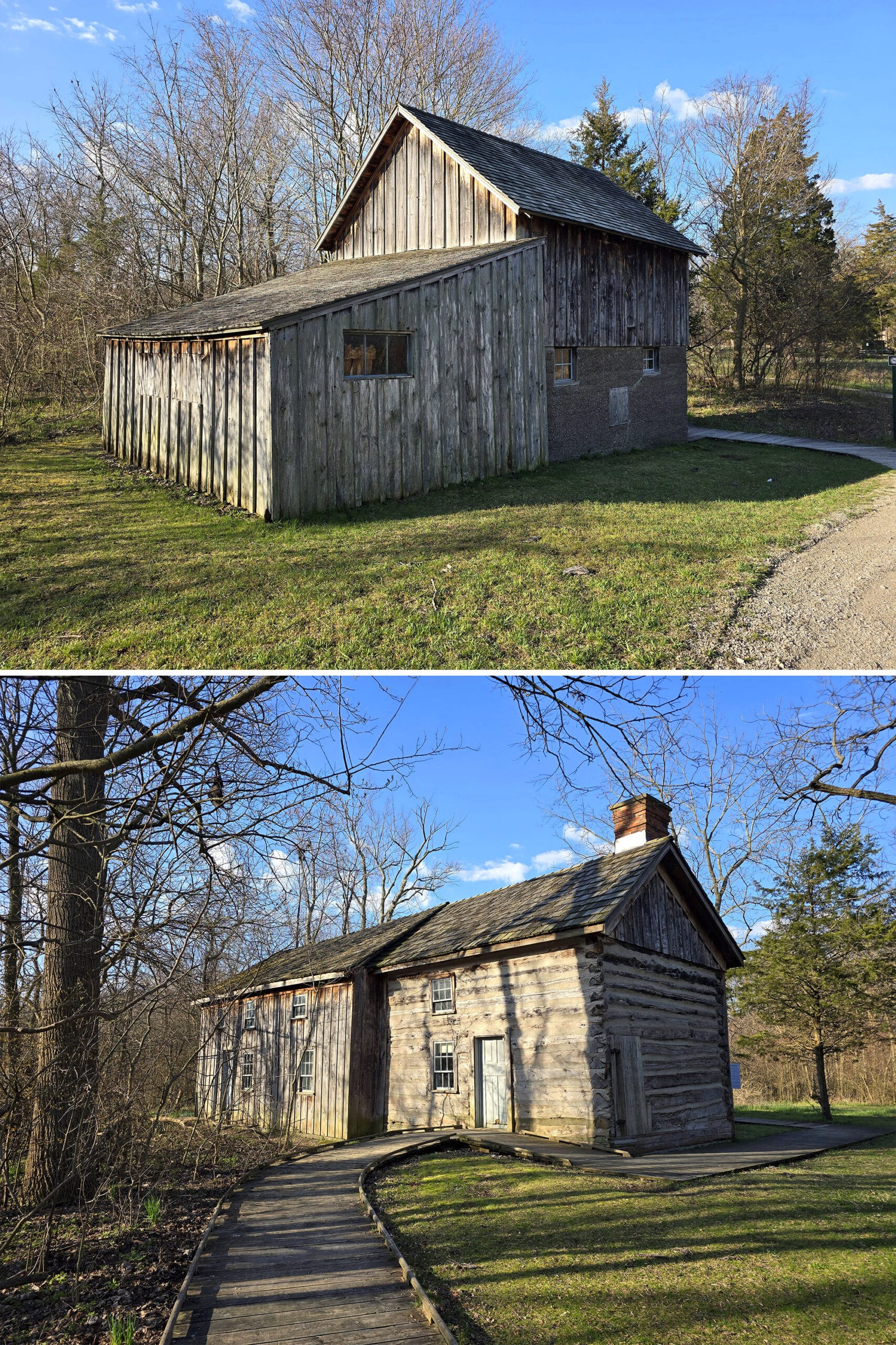 2 part image showing rustic buildings at the delaurier homestead.