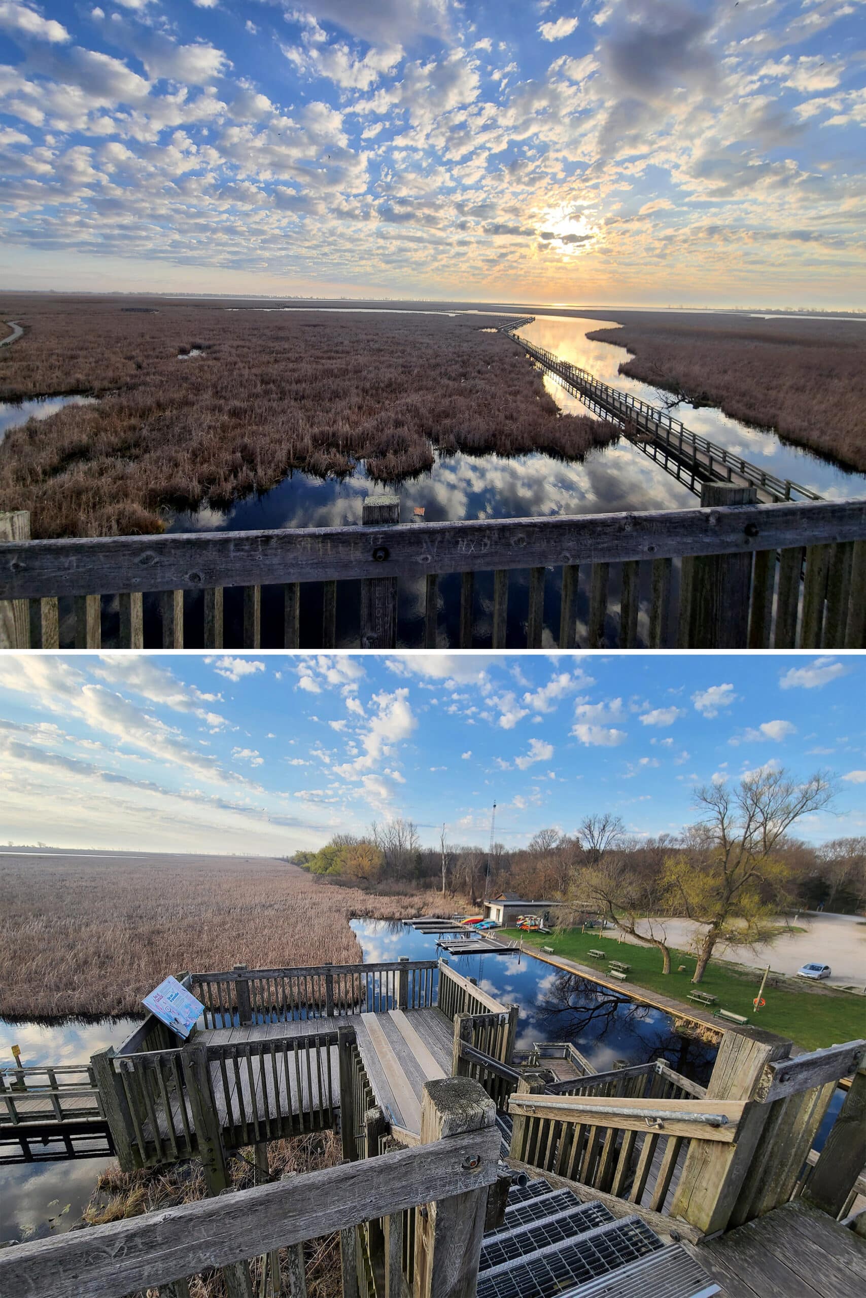 2 part image showing views from the Marsh Boardwalk observation tower.