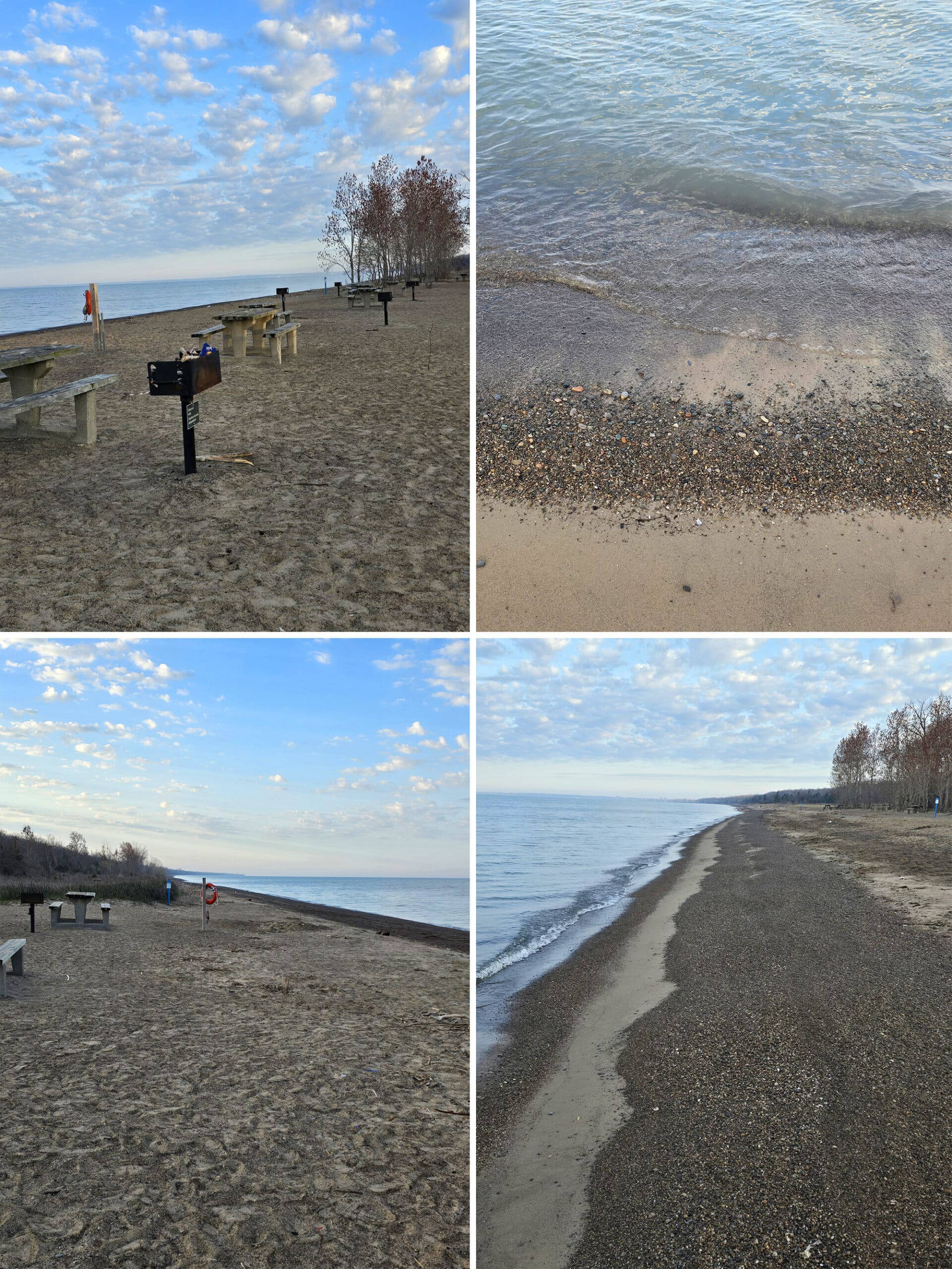 4 part image showing the beach area in the Northwest Beach picnic area.