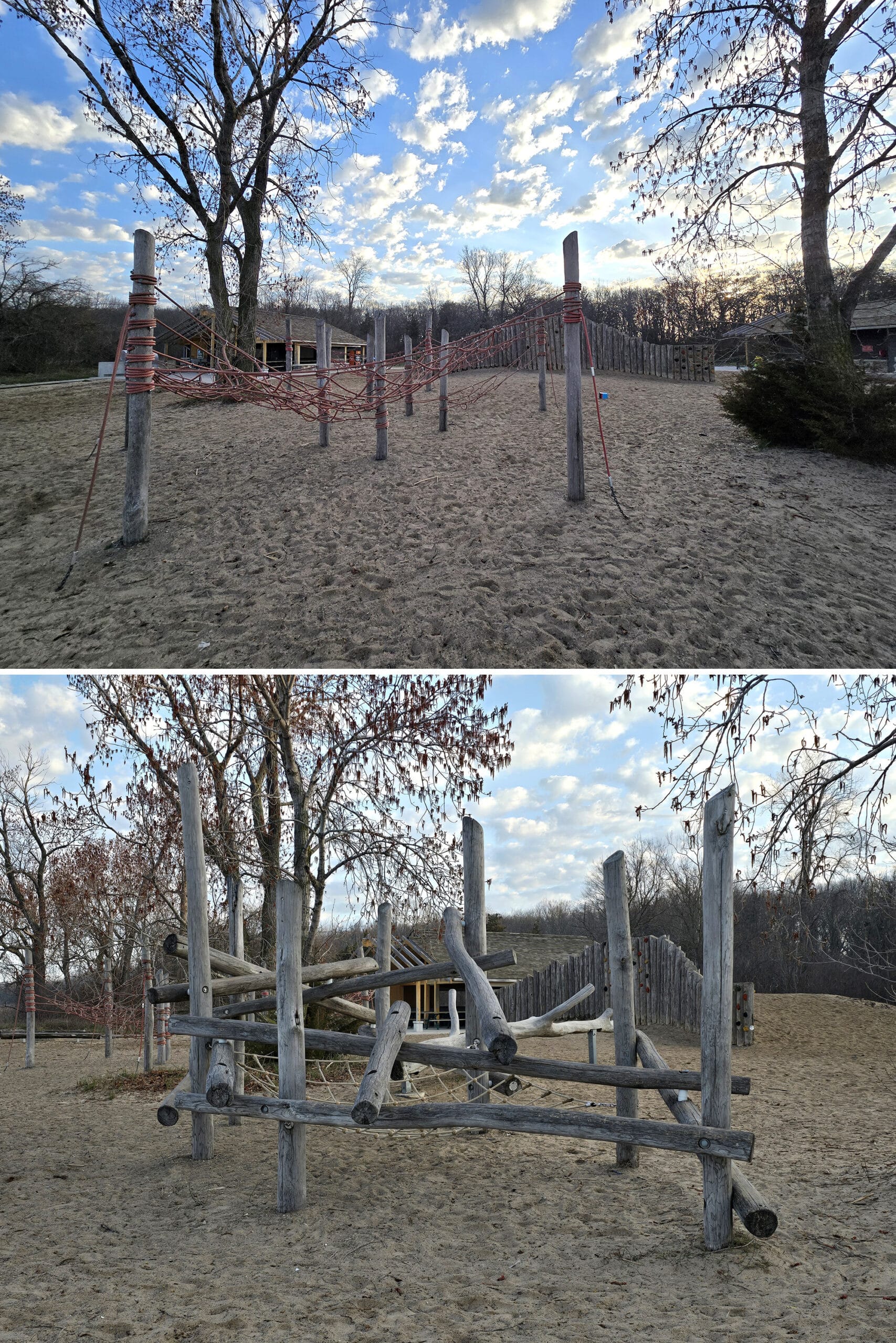 2 part image showing the playground structures at Point Pelee's Northwest Beach.