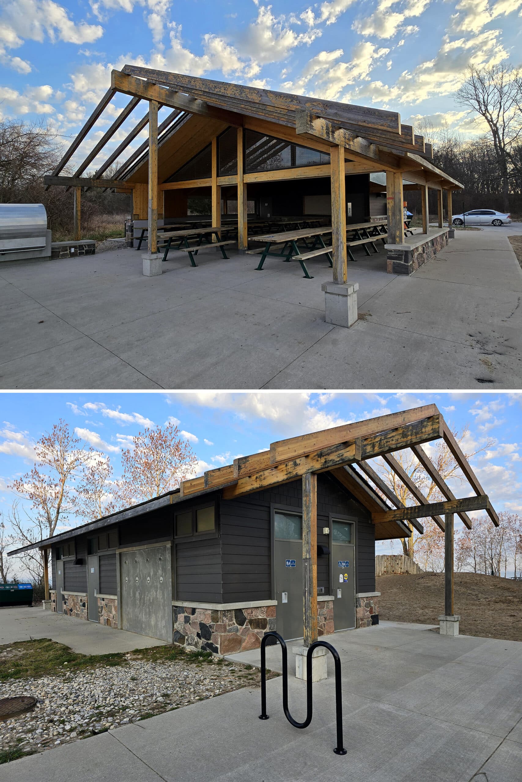 A large picnic shelter, and a washroom facility.