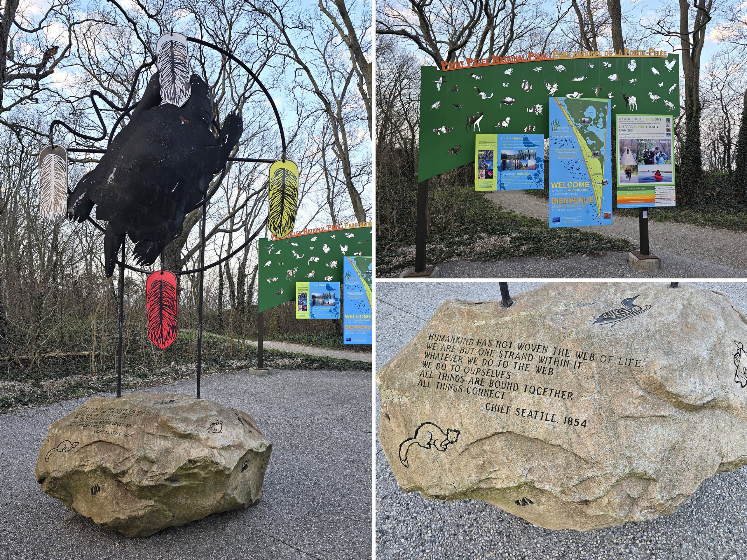 3 part image showing the artwork at signage at Point Pelee's orientation area.