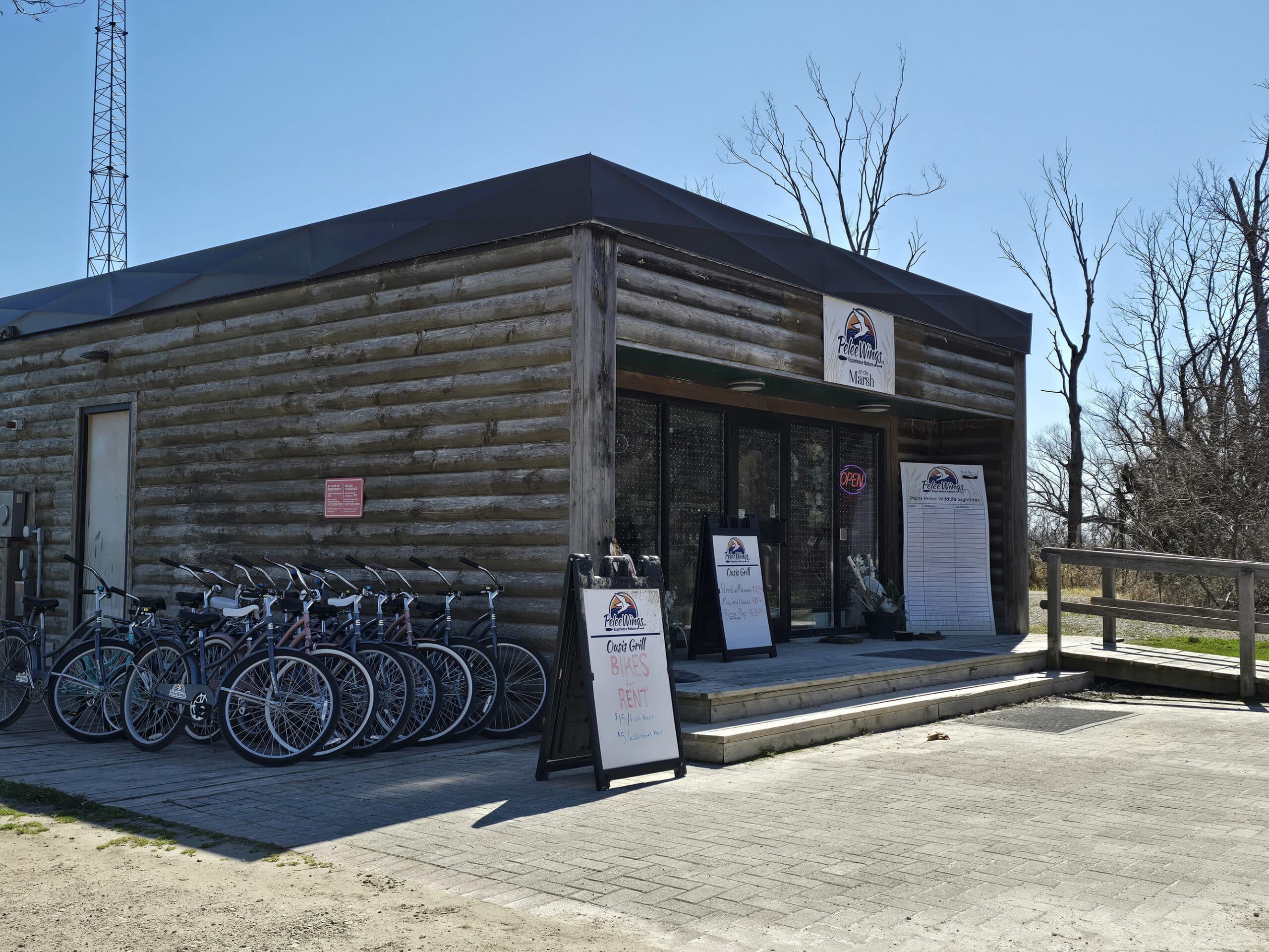 A small building with rentals bikes out front.