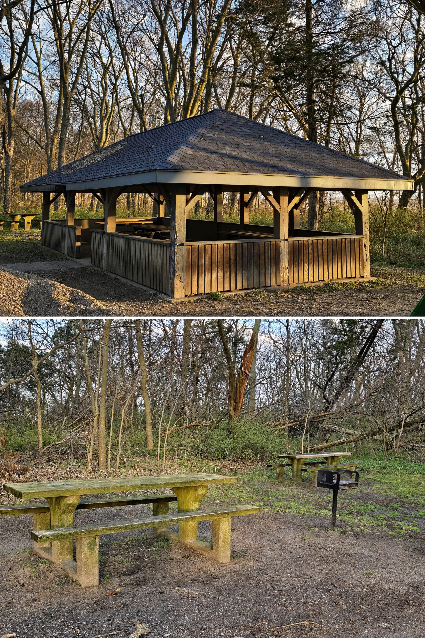 2 part image showing a wooden picnic shelter, and an area with moss covered picnic tables and a grill.