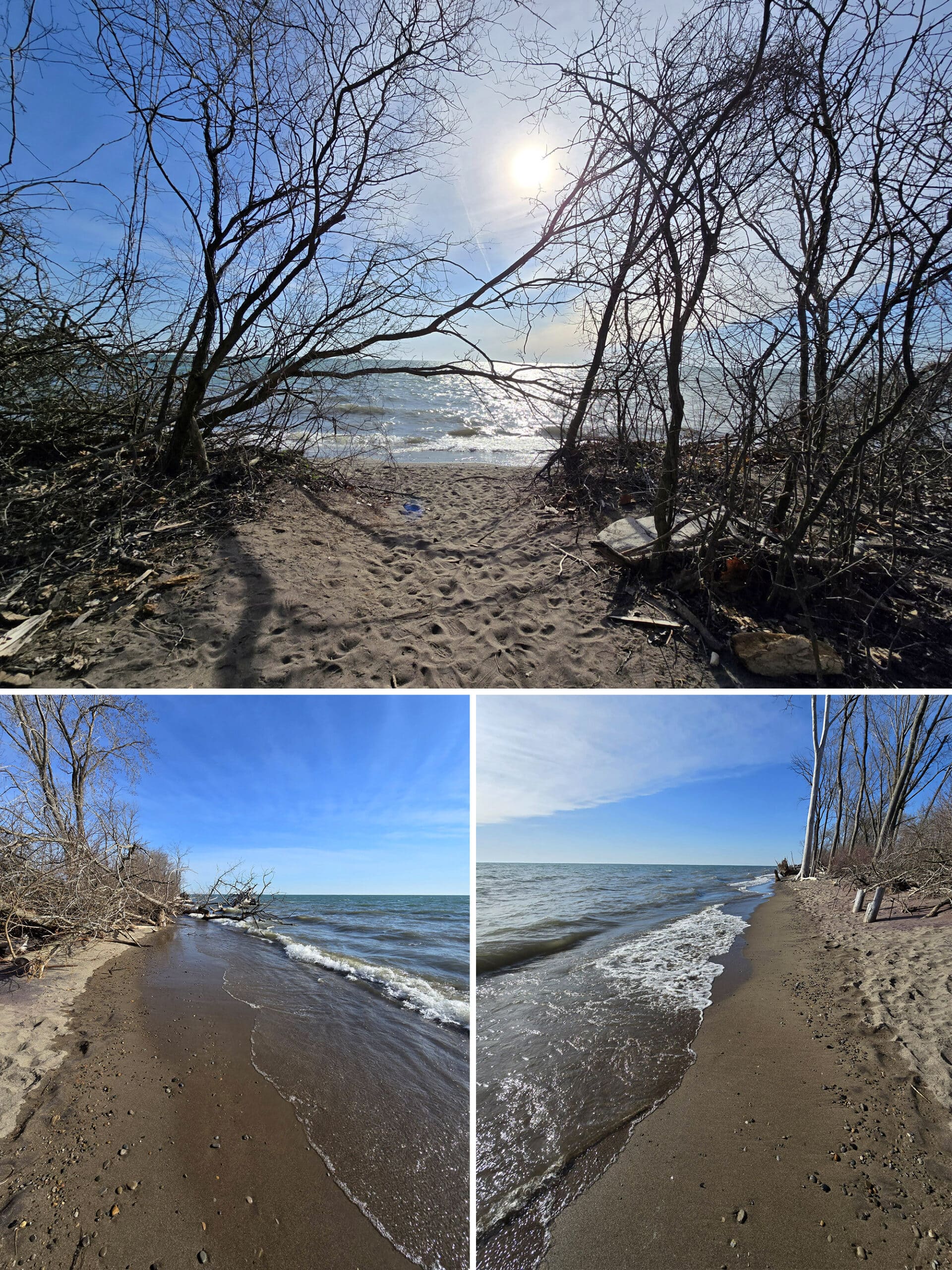 3 part image showing a path leading to the beach, and a beautiful sandy beach.