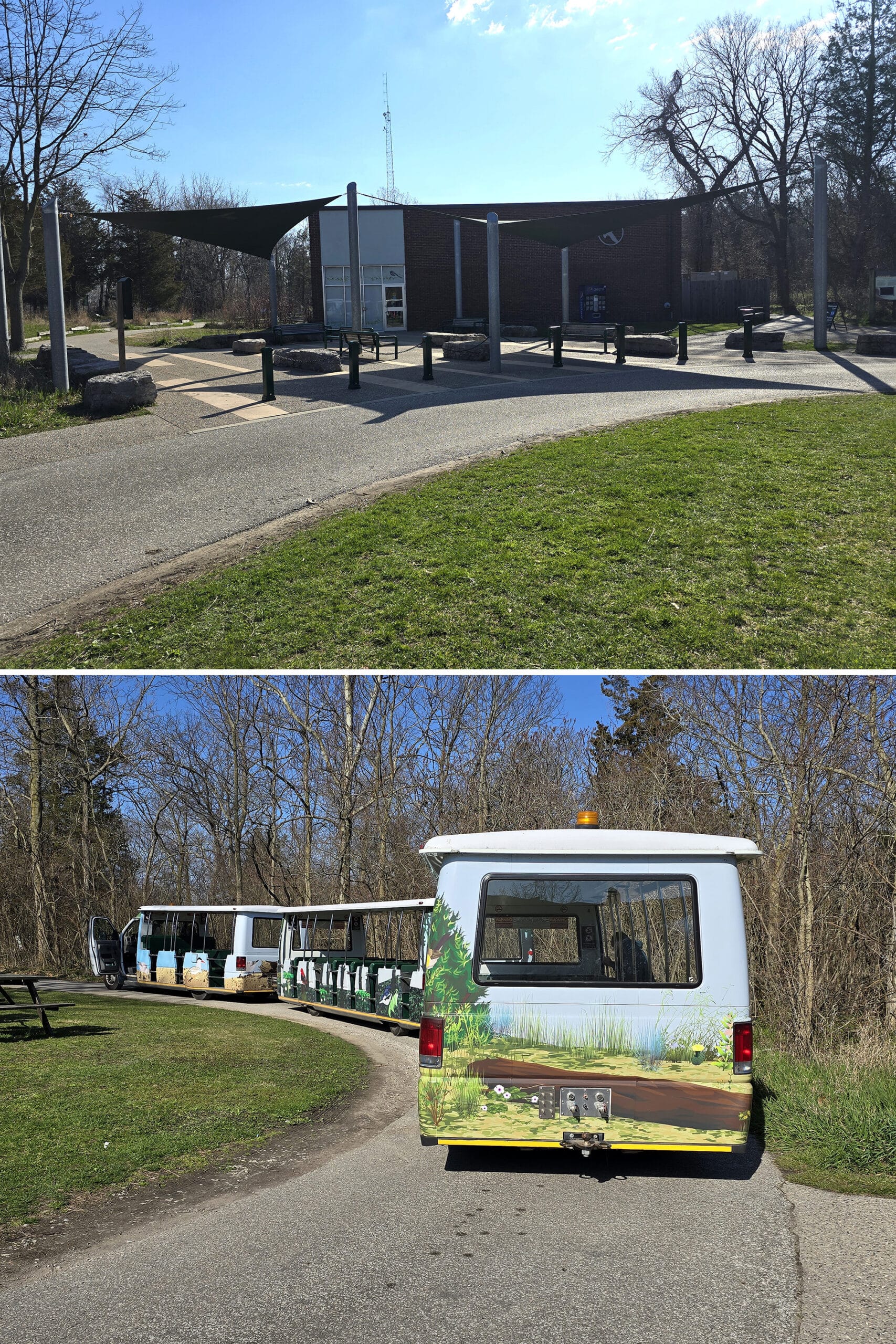 2 part image showing an outdoor waiting area and shuttle bus.