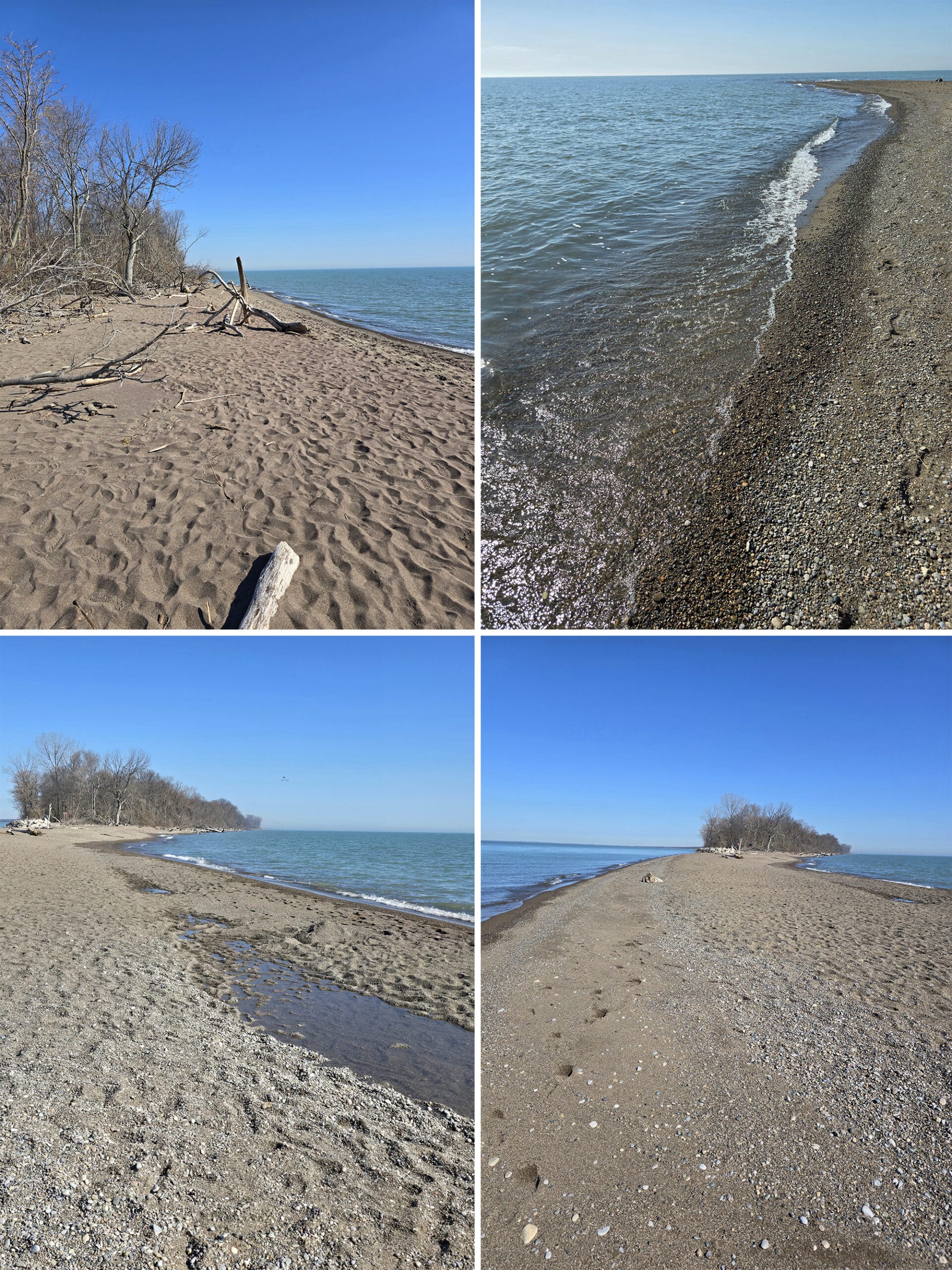 4 part image showing sandy beach at the southernmost tip of mainland canada.