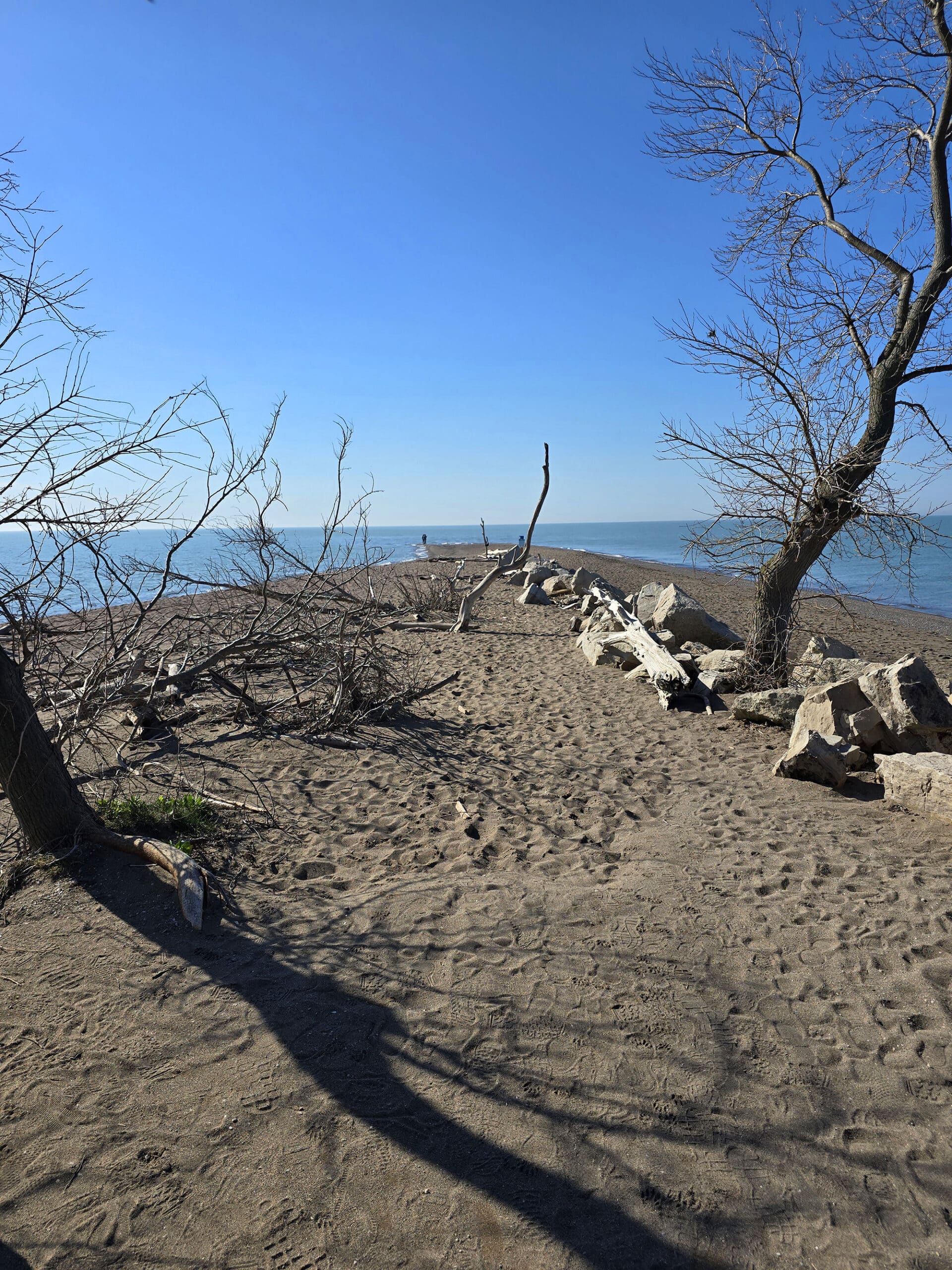 A narrow sand beach extending into Lake Erie