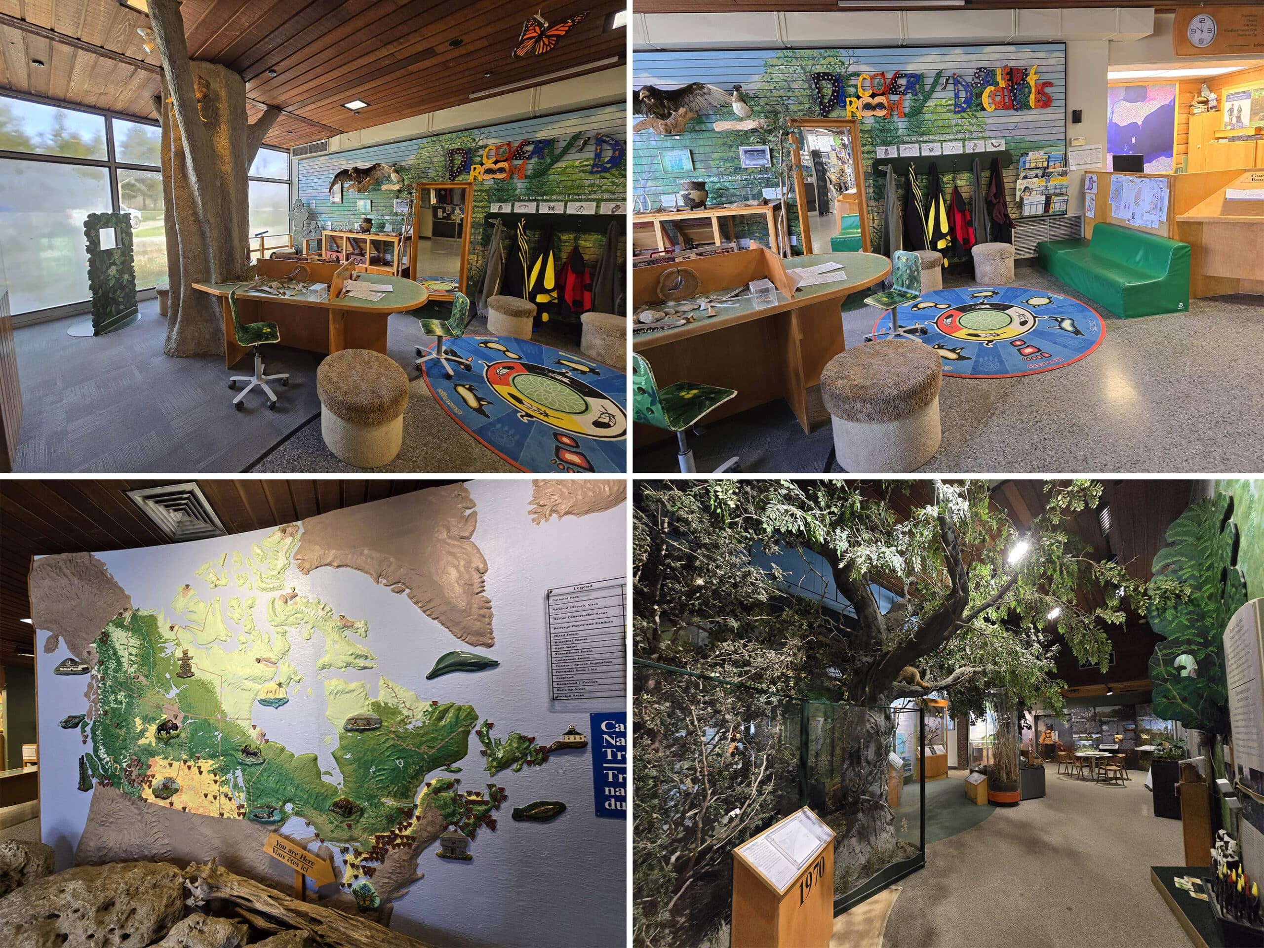 4 part image showing various exhibits in the Point Pelee Visitor Centre.