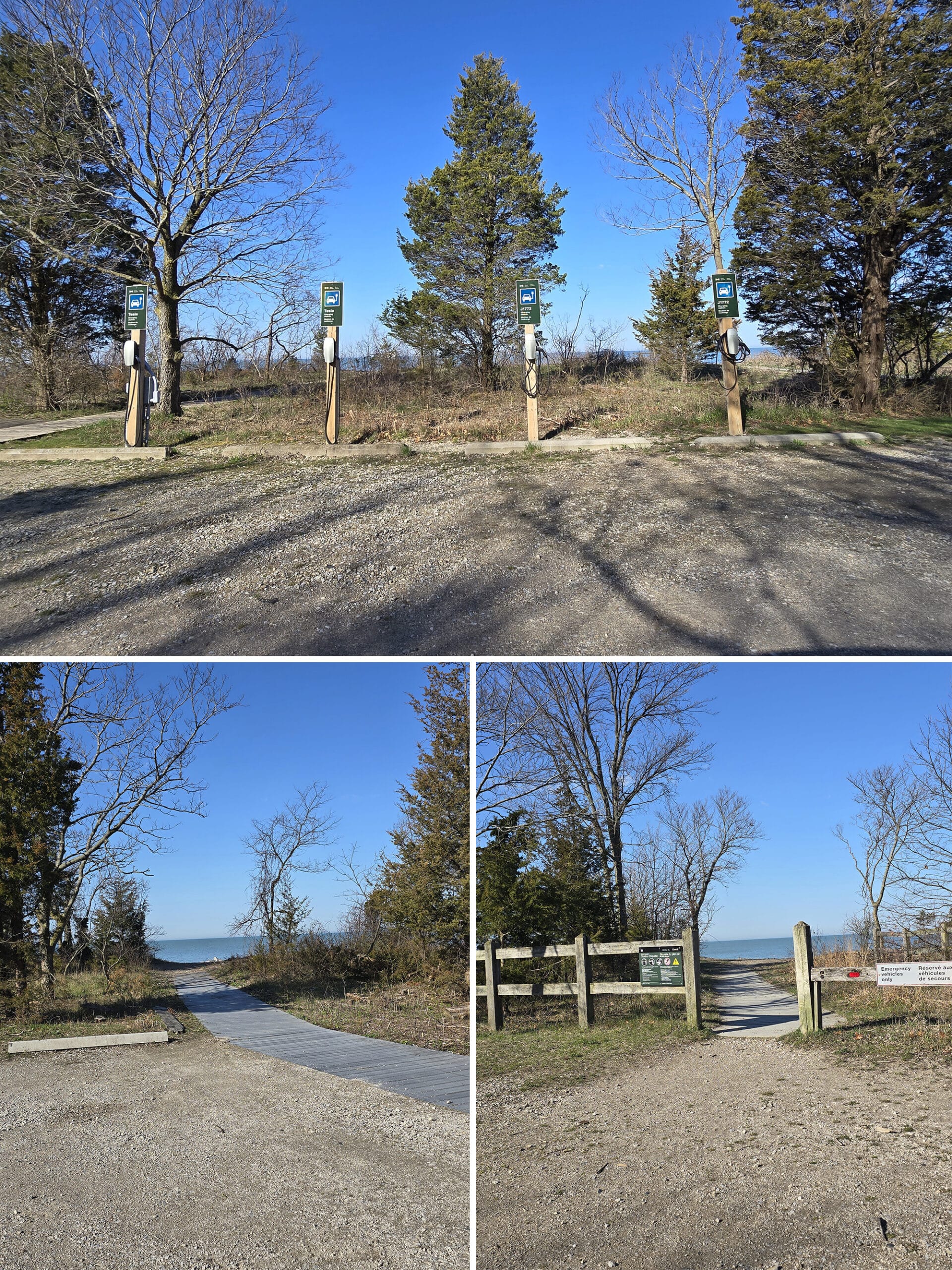 3 part image showing boardwalks and car charging stations at west beach picnic area.